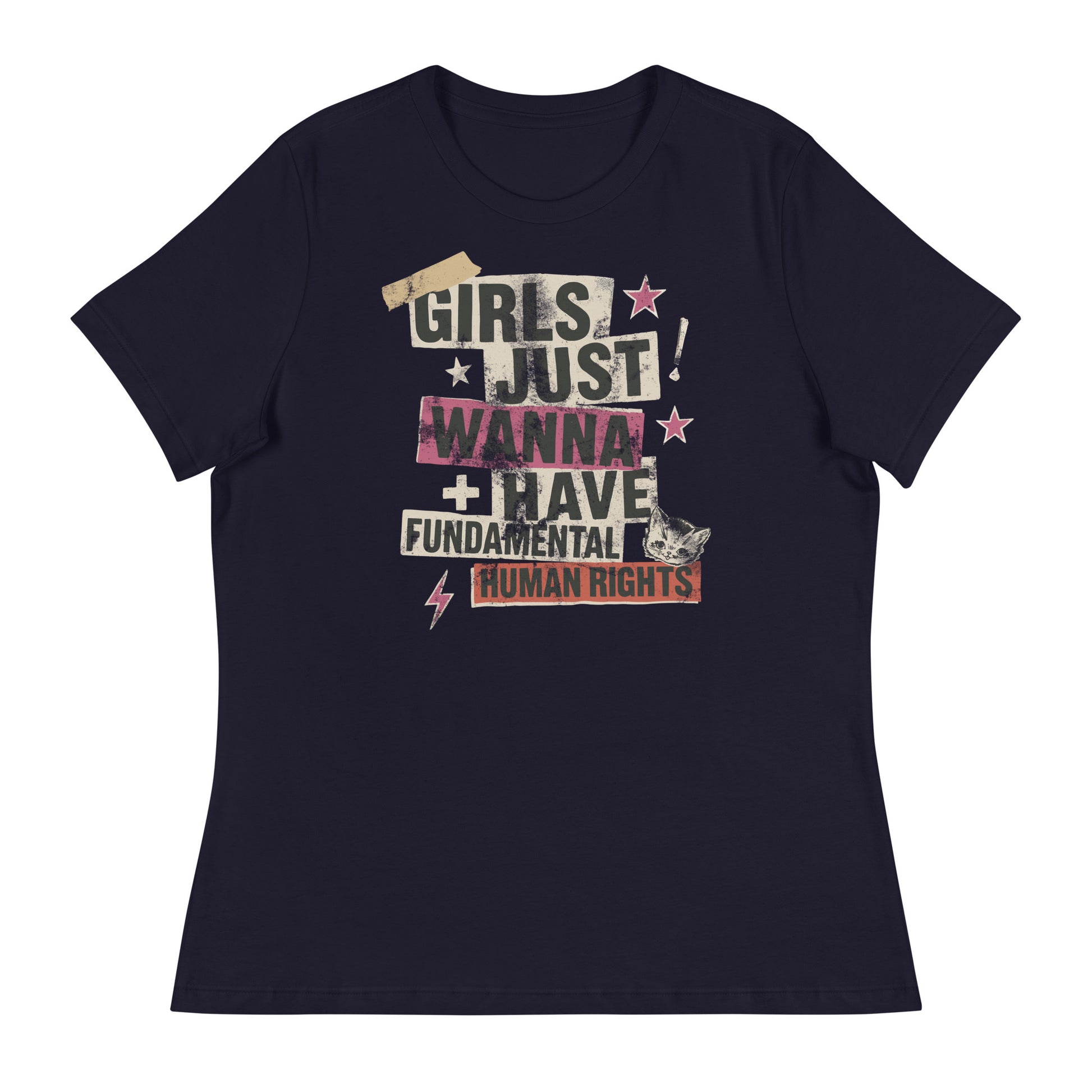 Navy relaxed-fit t-shirt featuring distressed collage typography and small star accents. Feminist punk design promoting equality and empowerment.