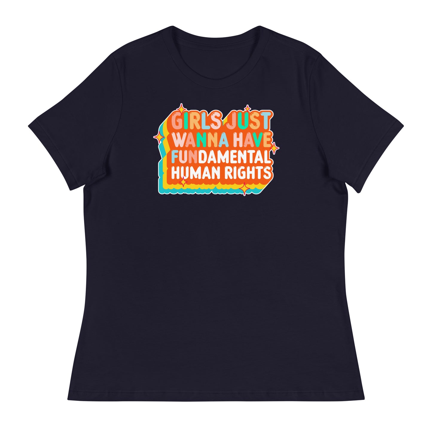 Navy women’s relaxed t-shirt with orange and cream retro typography and teal highlights. Classic, bold feminist design by Blue Wave USA.