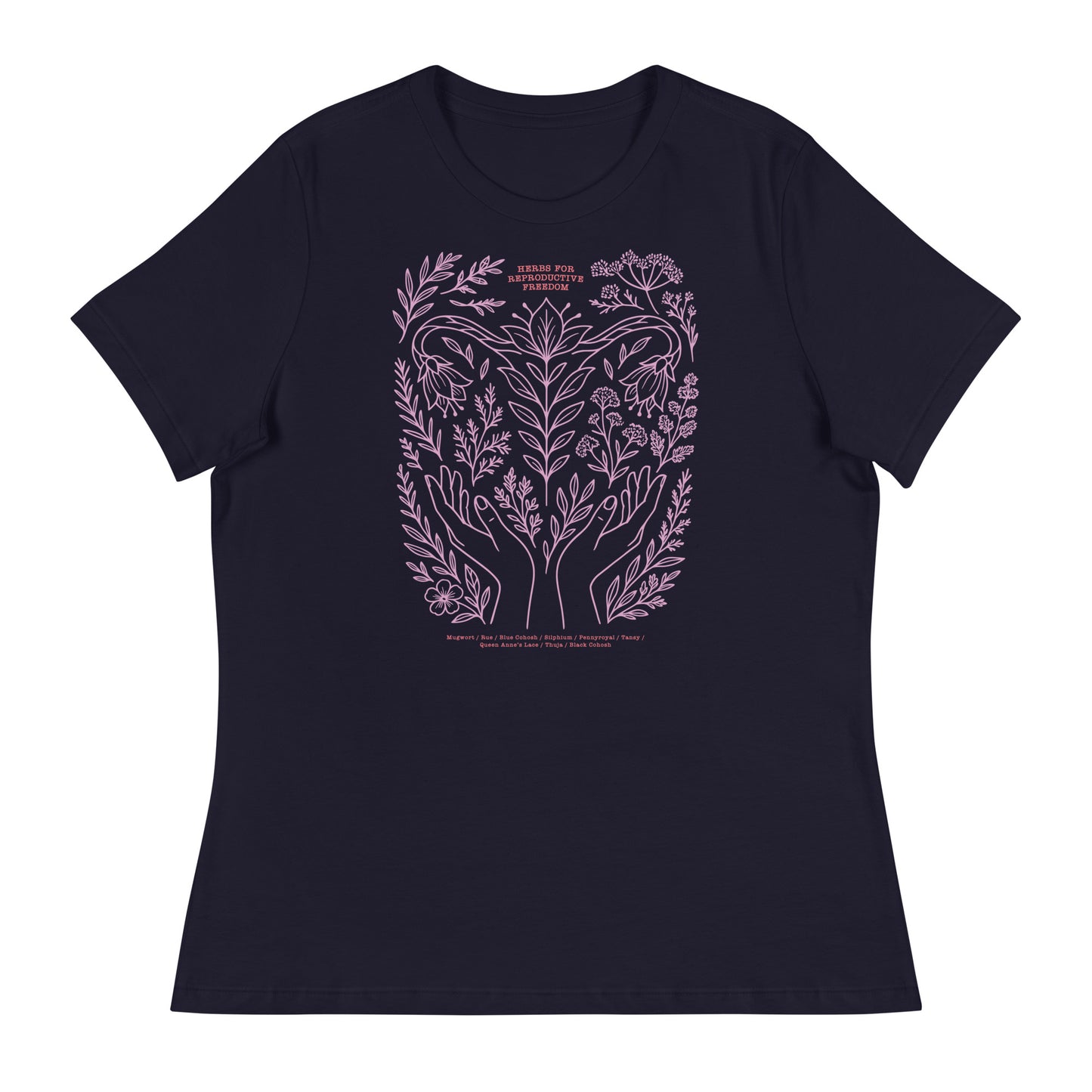 Navy women’s relaxed t-shirt with pink herbal artwork of hands, leaves, and flowers under a crescent moon. Progressive feminist tee by Blue Wave USA.