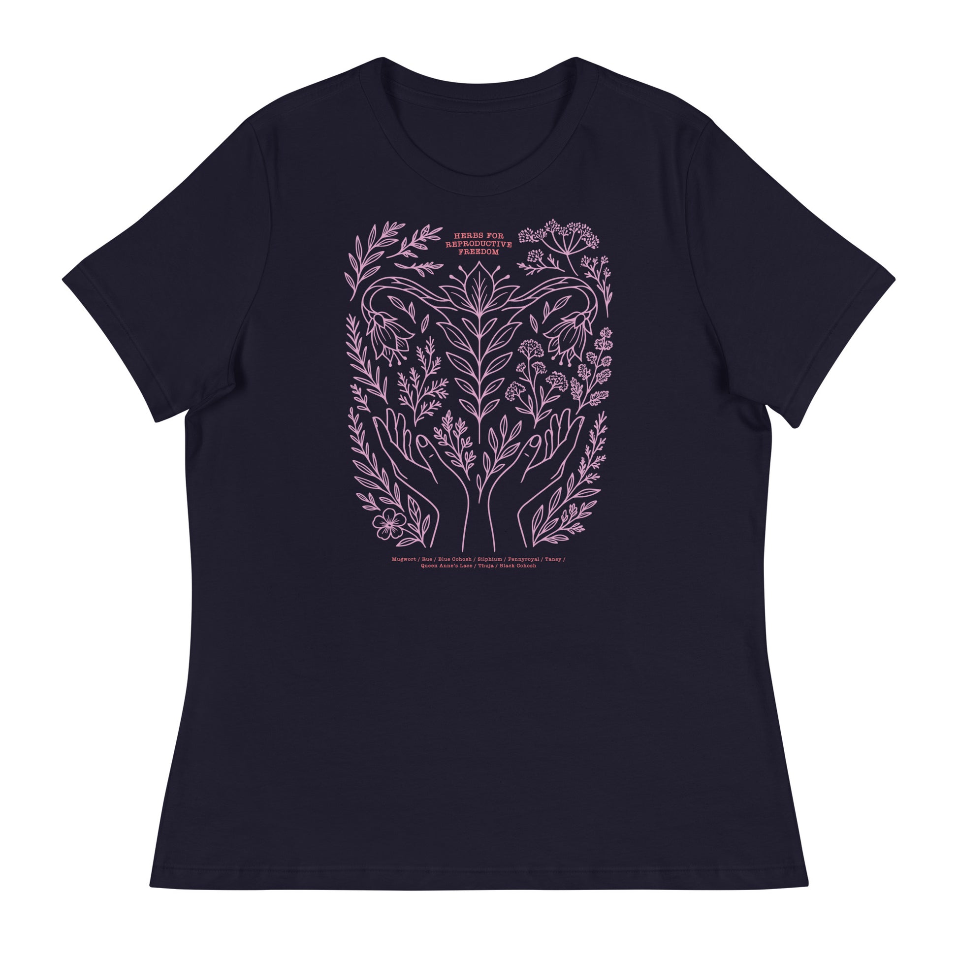 Navy women’s relaxed t-shirt with pink herbal artwork of hands, leaves, and flowers under a crescent moon. Progressive feminist tee by Blue Wave USA.