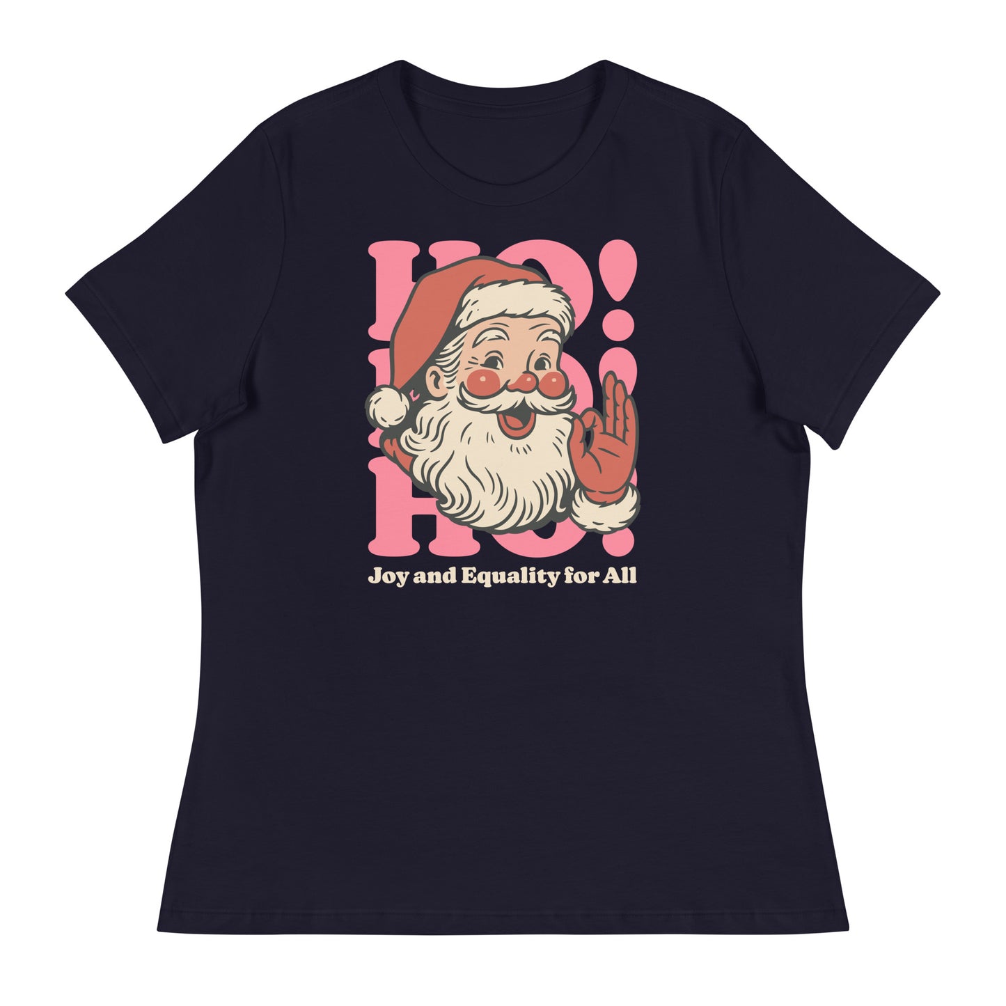 Navy women’s fitted t-shirt featuring a retro Santa illustration with pink accents and the phrase “Joy and Equality for All.”