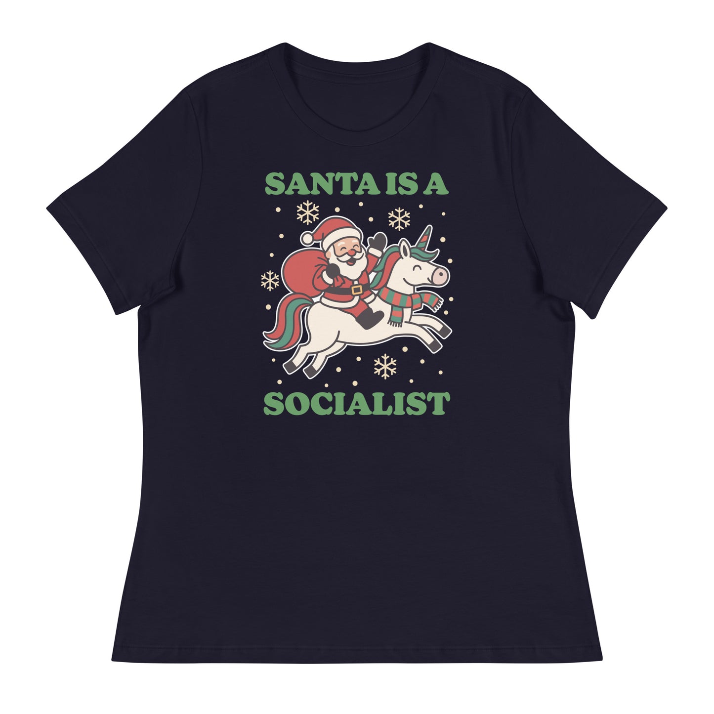 Navy women’s relaxed t-shirt printed with a vintage-style Santa riding a unicorn illustration, surrounded by stars, with the message “SANTA IS A SOCIALIST” in green.