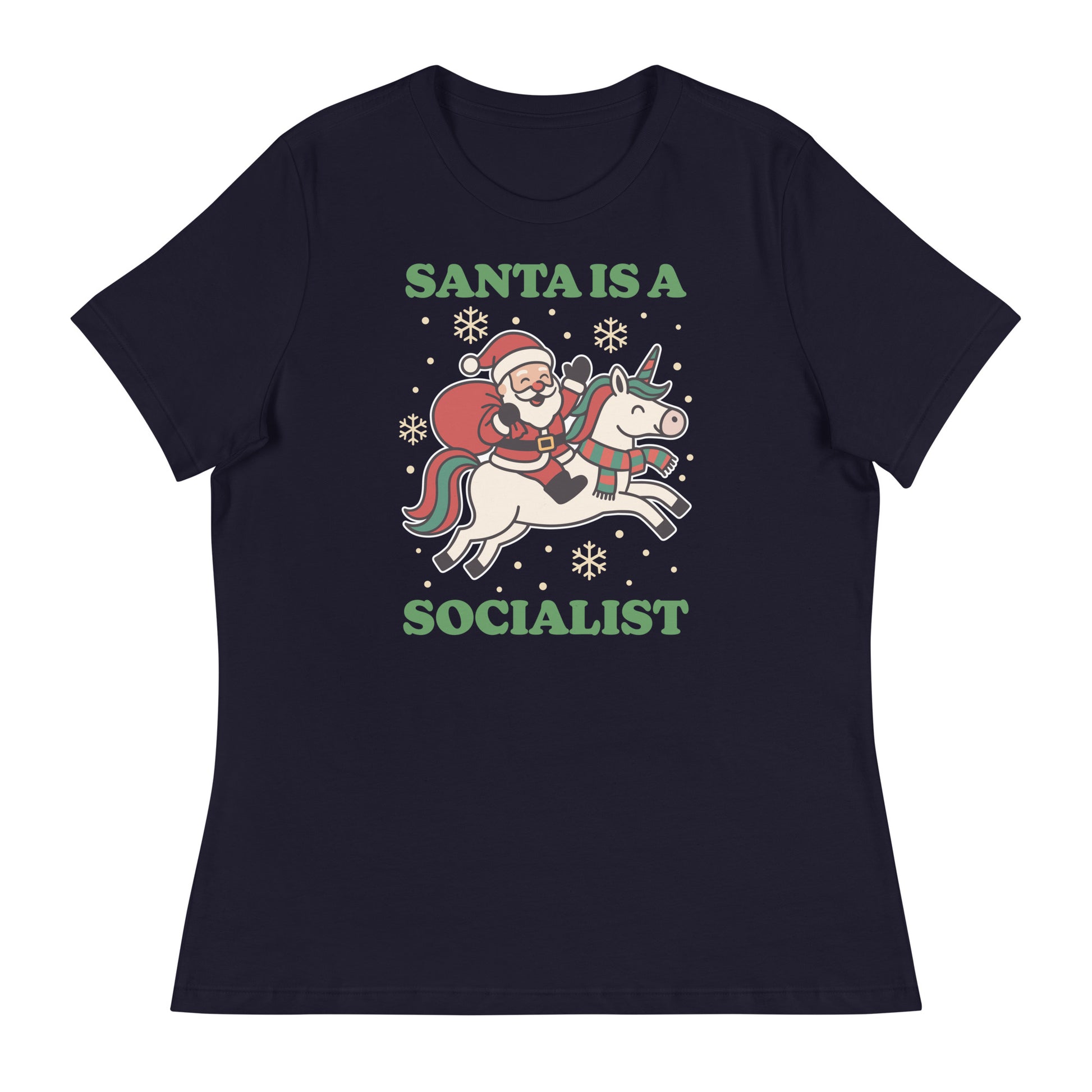 Navy women’s relaxed t-shirt printed with a vintage-style Santa riding a unicorn illustration, surrounded by stars, with the message “SANTA IS A SOCIALIST” in green.