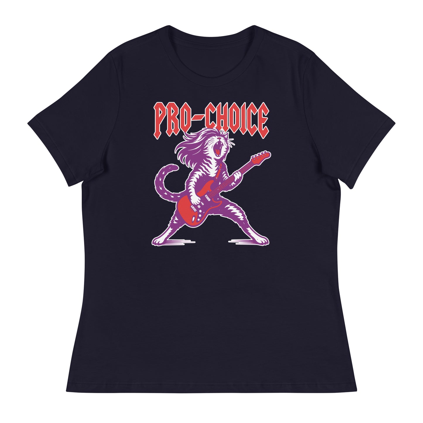 Navy women’s relaxed t-shirt displayed flat, featuring a guitar-playing cat illustration and bold red “PRO-CHOICE” lettering, heavy metal feminist graphic centered on the chest.