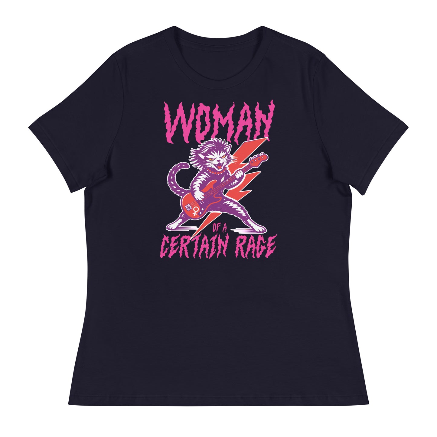 Navy women’s relaxed t-shirt displayed flat, featuring the punk rock cat playing electric guitar with distressed lettering reading “WOMAN OF A CERTAIN RAGE,” centered design from Blue Wave USA.