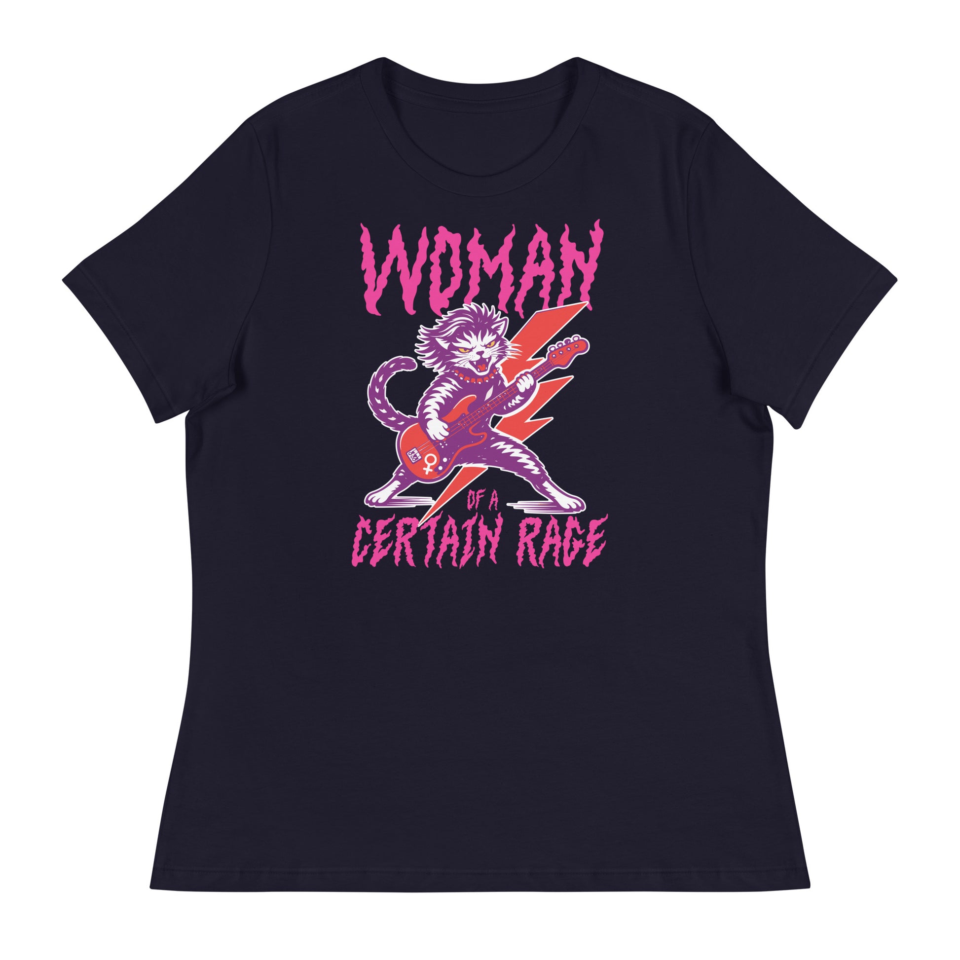 Navy women’s relaxed t-shirt displayed flat, featuring the punk rock cat playing electric guitar with distressed lettering reading “WOMAN OF A CERTAIN RAGE,” centered design from Blue Wave USA.