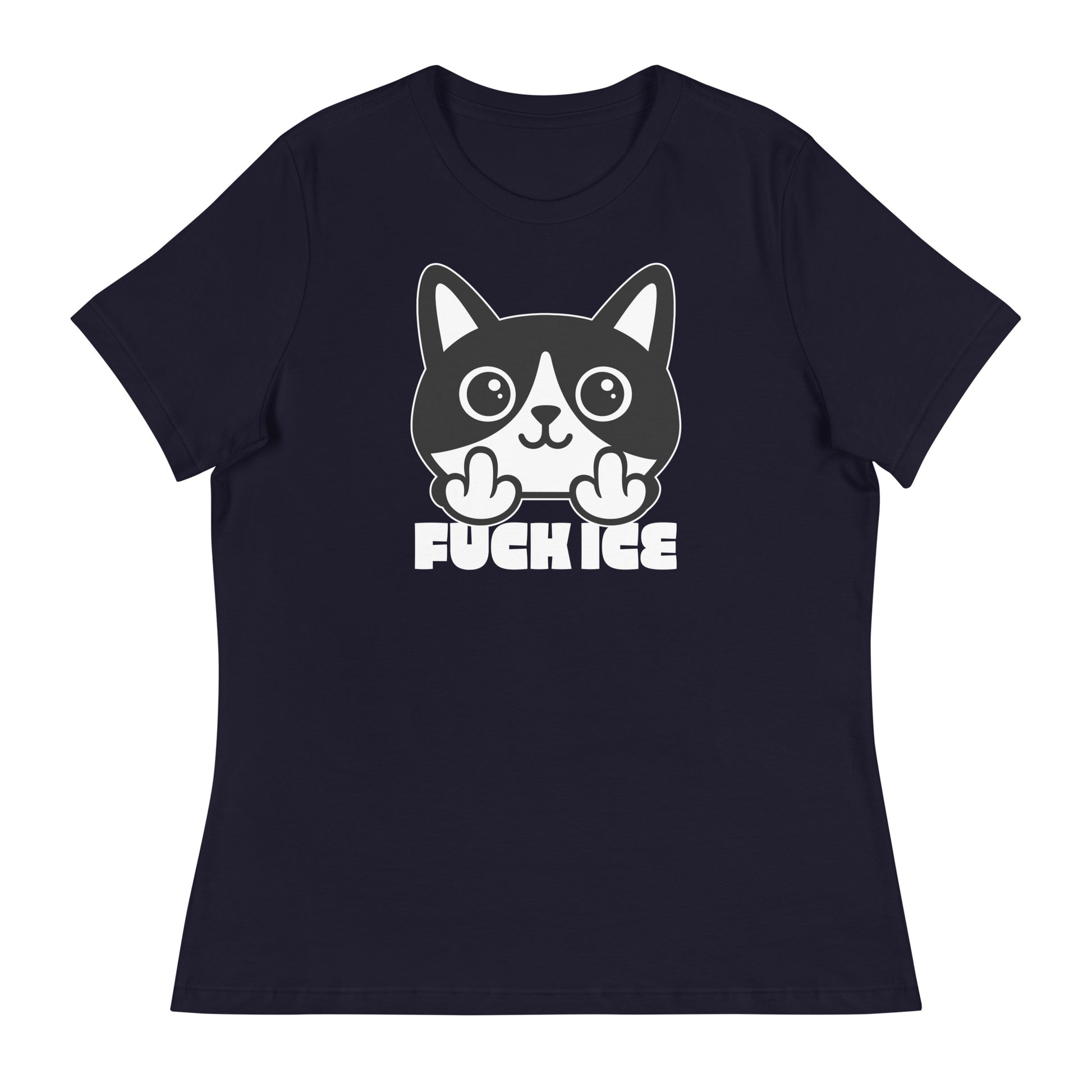 Navy women’s relaxed t-shirt laid flat featuring bold graphic cat illustration with raised middle finger, thick white outlines, centered layout, printed message “FUCK ICE.”