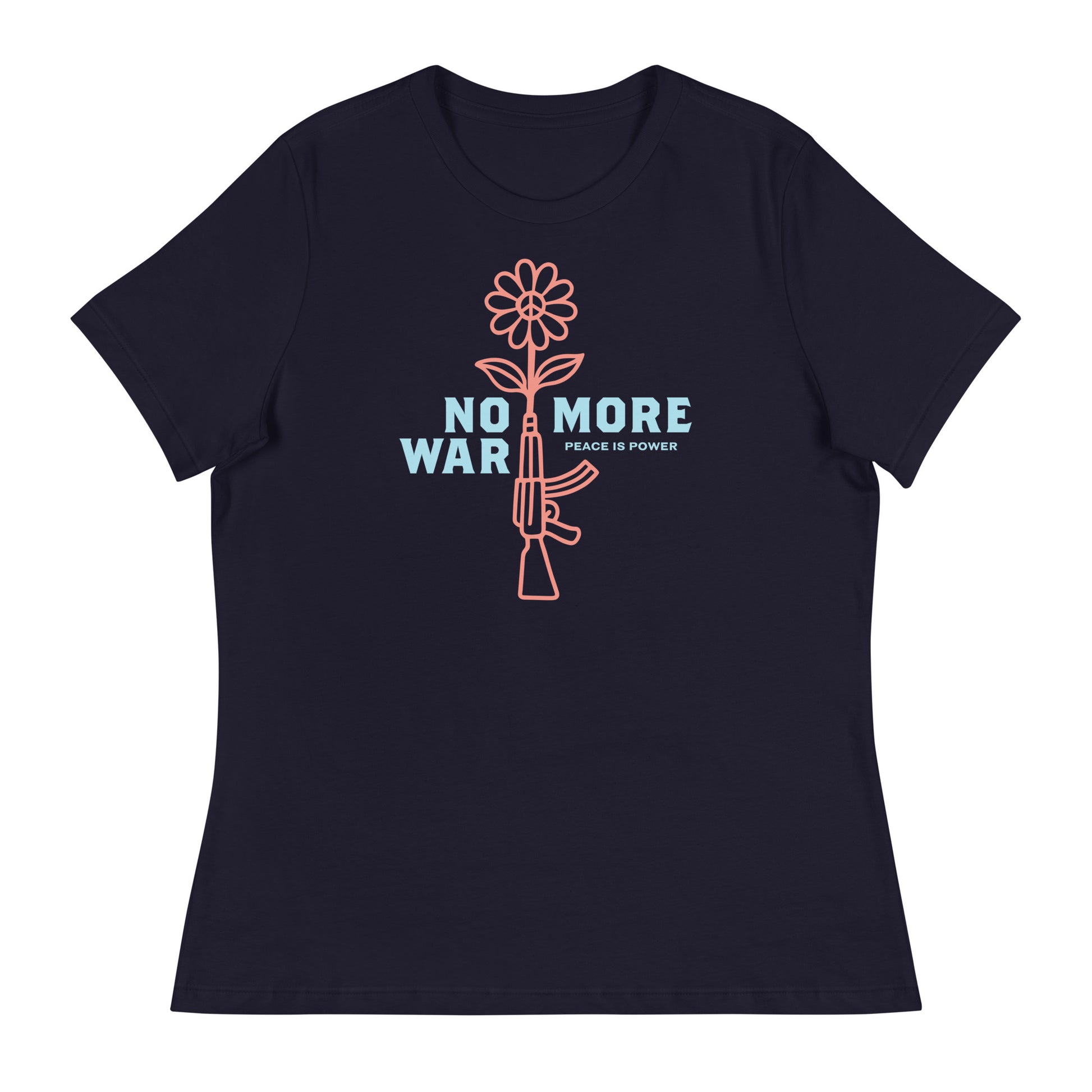 Navy women’s relaxed t-shirt displaying centered floral rifle illustration with “No More War” peace statement in clean, modern typography.