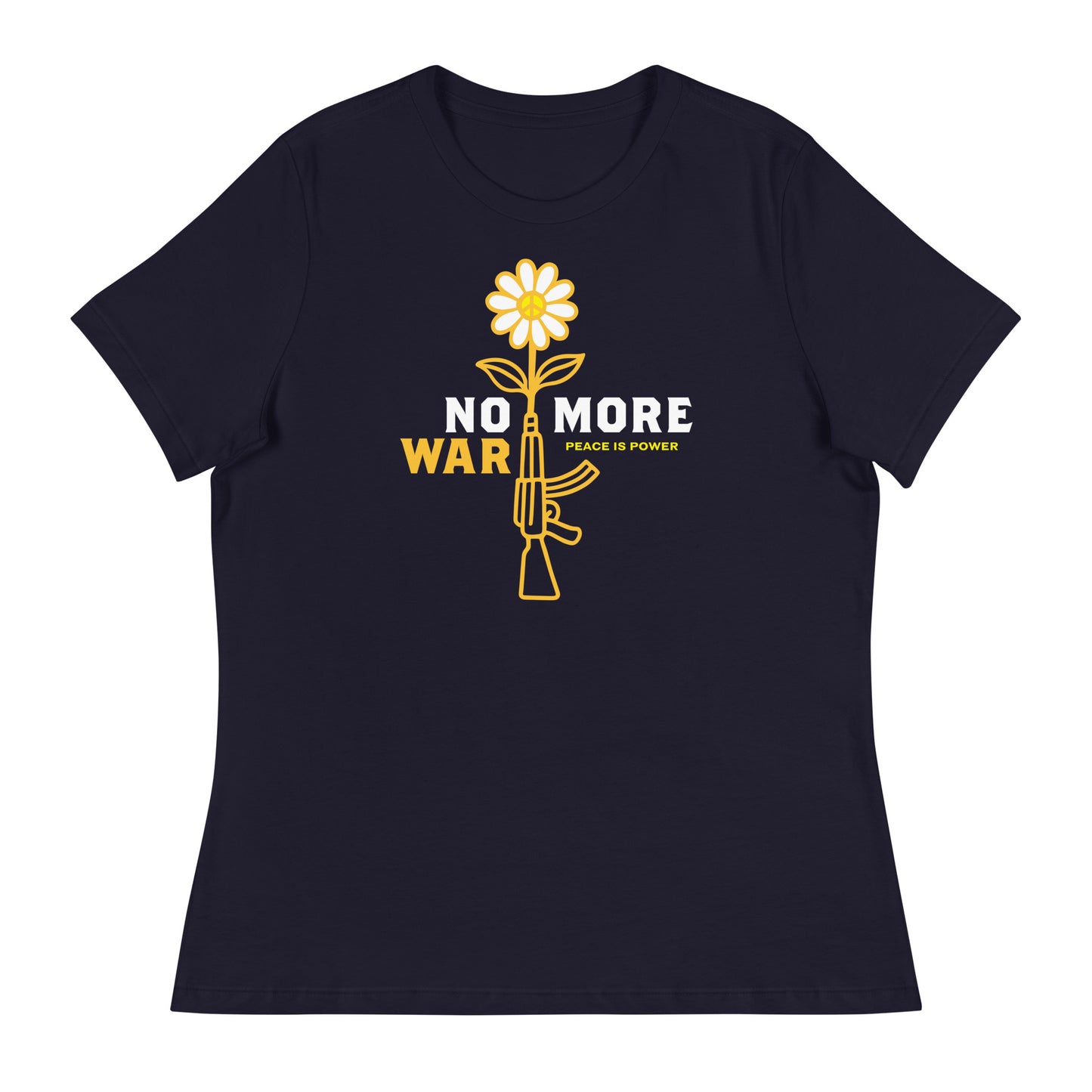 Navy women’s relaxed t-shirt showcasing centered floral rifle artwork with “No More War” wording and subtle “Peace Is Power” detail.