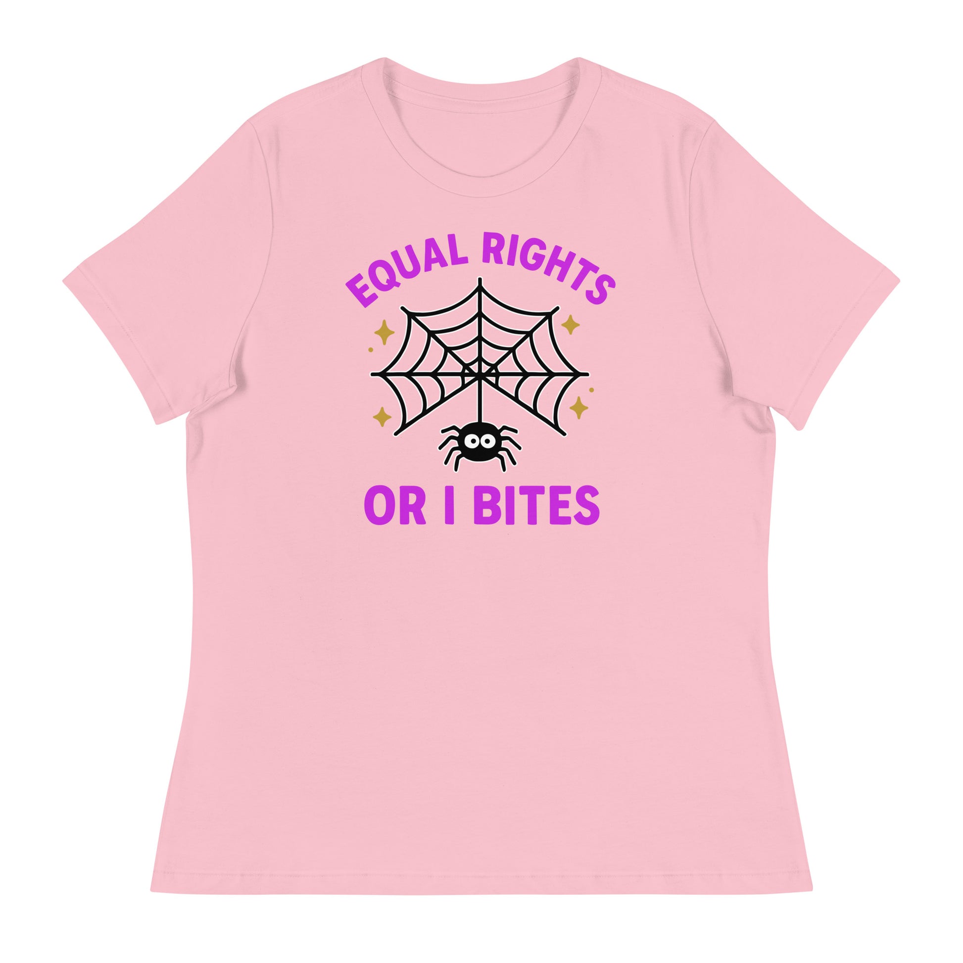 Pink “Equal Rights or I Bites” Halloween feminist shirt with spider web design, cute activist tee for equality supporters.