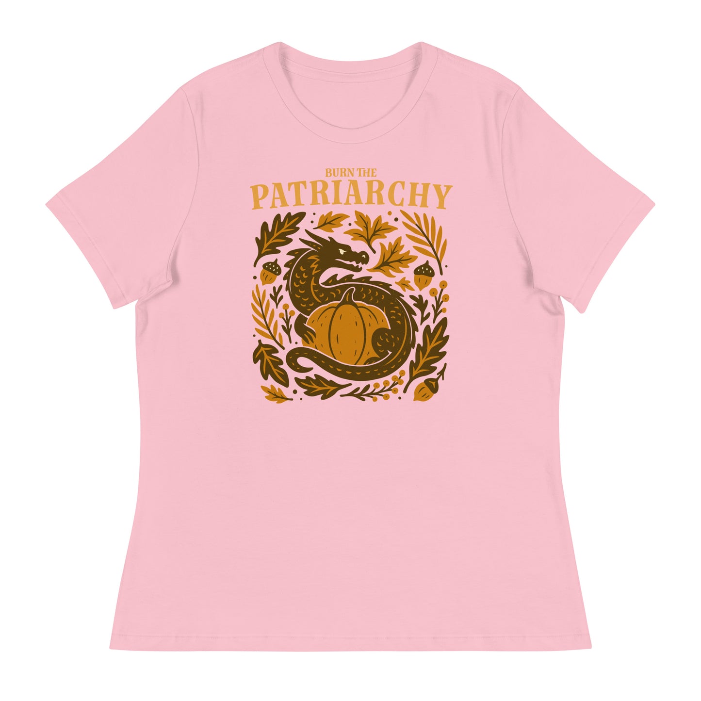 Light pink “Burn the Patriarchy” dragon and pumpkin equality t-shirt, Blue Wave progressive fall design celebrating women’s empowerment.