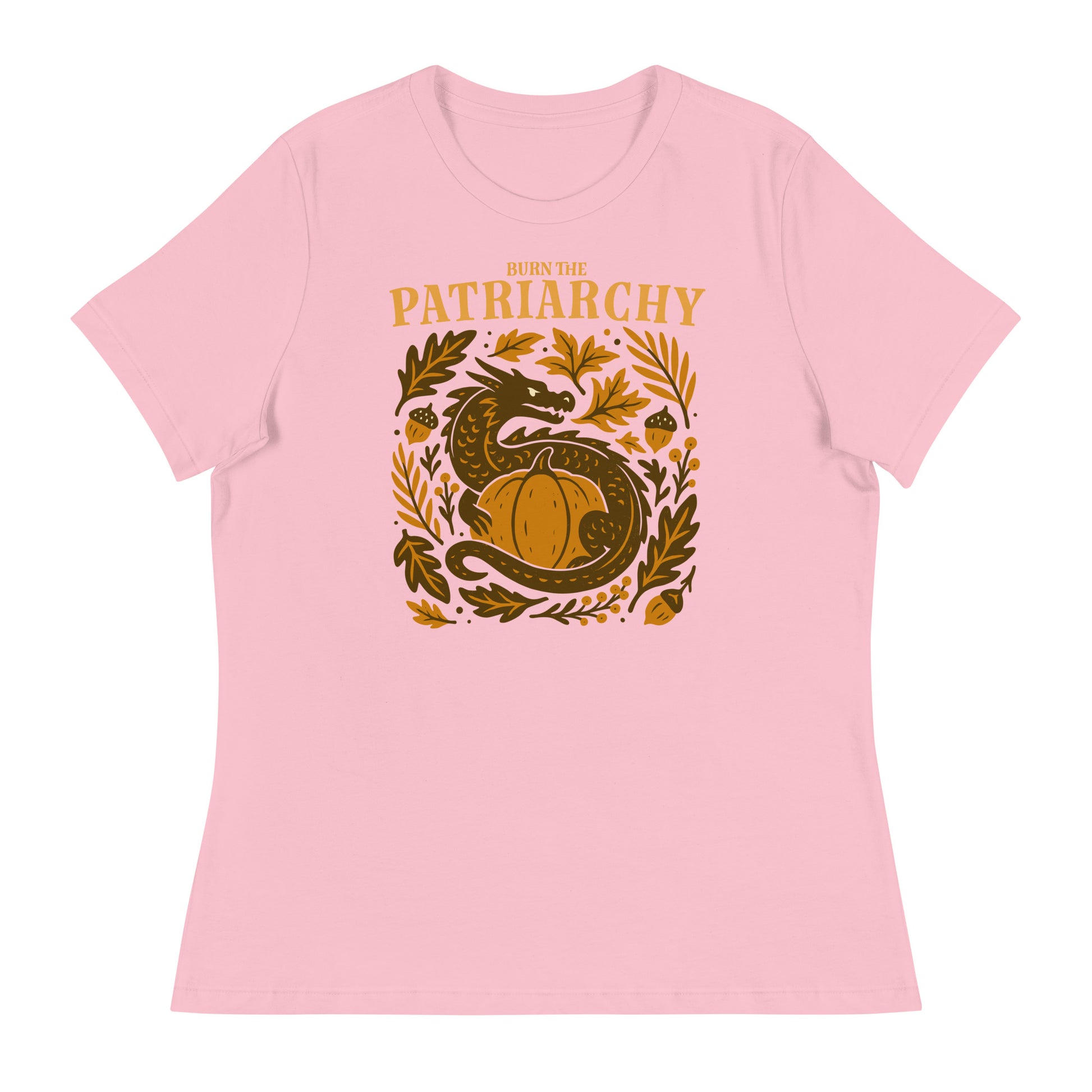 Light pink “Burn the Patriarchy” dragon and pumpkin equality t-shirt, Blue Wave progressive fall design celebrating women’s empowerment.