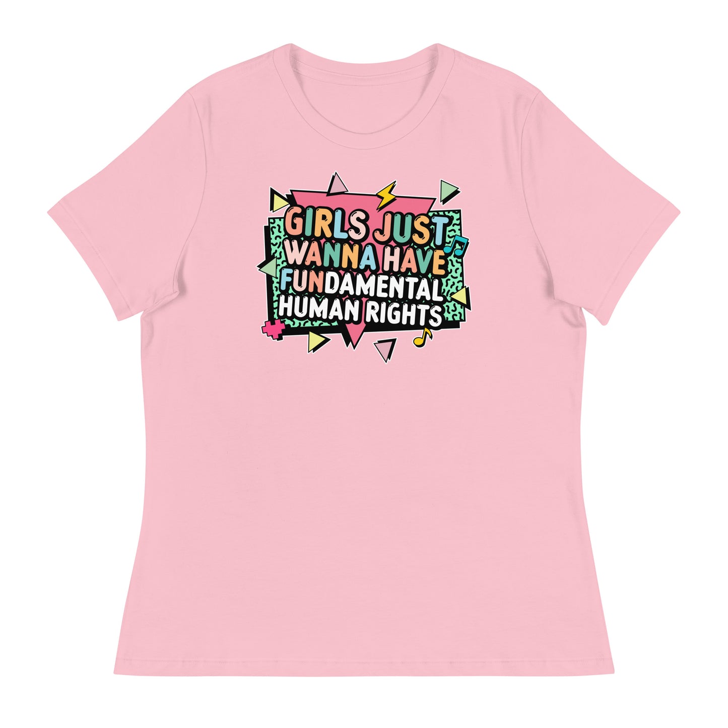 Light pink “Girls Just Wanna Have Fundamental Human Rights” t-shirt with colorful geometric accents. Feminist retro tee by Blue Wave USA.