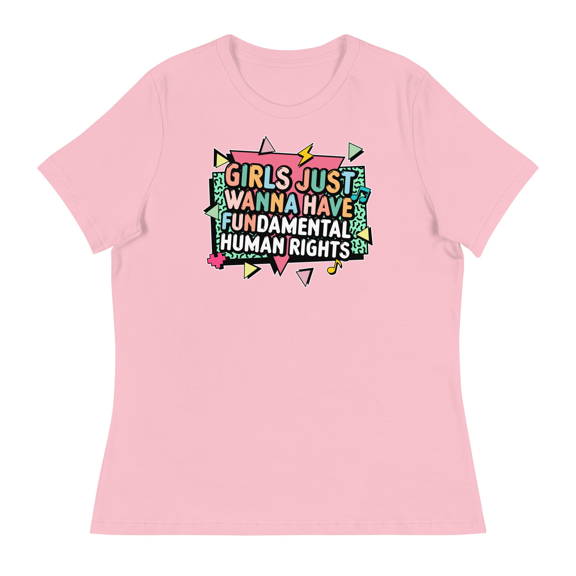 Light pink “Girls Just Wanna Have Fundamental Human Rights” t-shirt with colorful geometric accents. Feminist retro tee by Blue Wave USA.