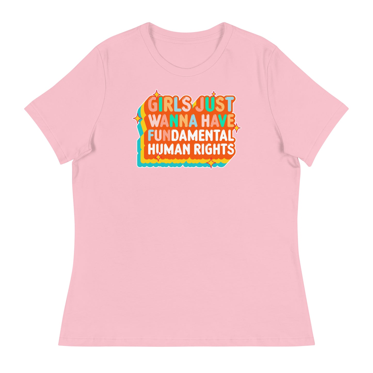 Light pink t-shirt with “Girls Just Wanna Have Fundamental Human Rights” in groovy retro orange text. Feminist design with vintage pop energy by Blue Wave USA.