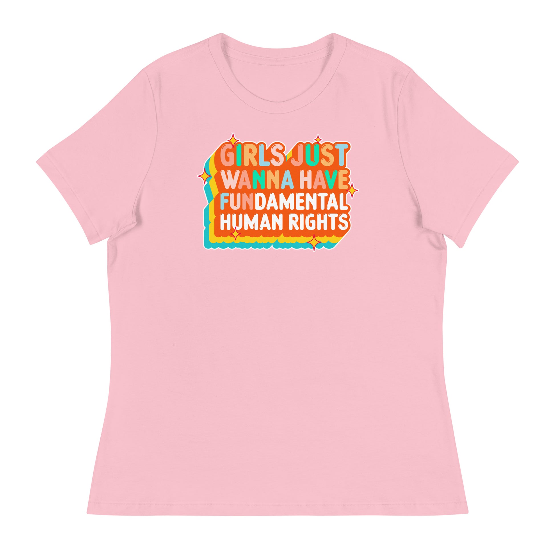 Light pink t-shirt with “Girls Just Wanna Have Fundamental Human Rights” in groovy retro orange text. Feminist design with vintage pop energy by Blue Wave USA.