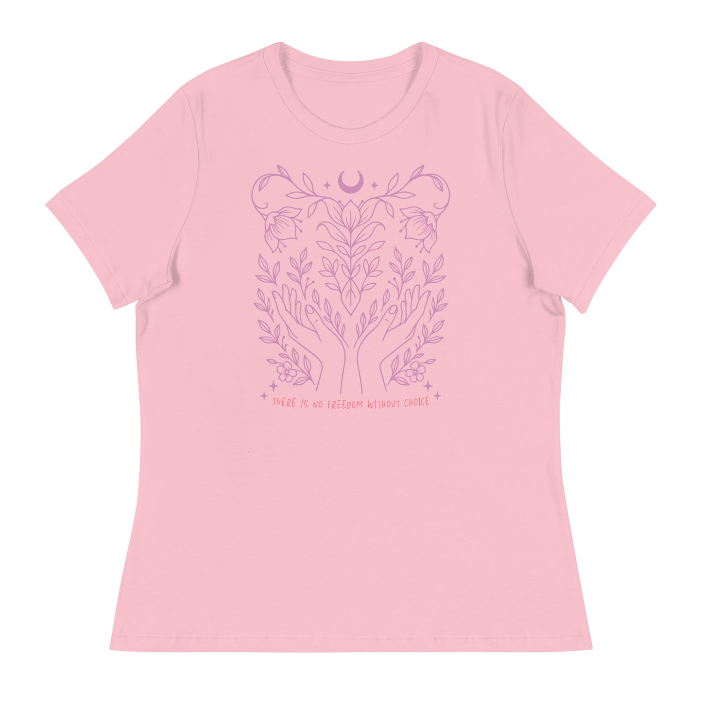Pink women’s relaxed tee with monochrome pink pro-choice illustration celebrating bodily autonomy and reproductive freedom.