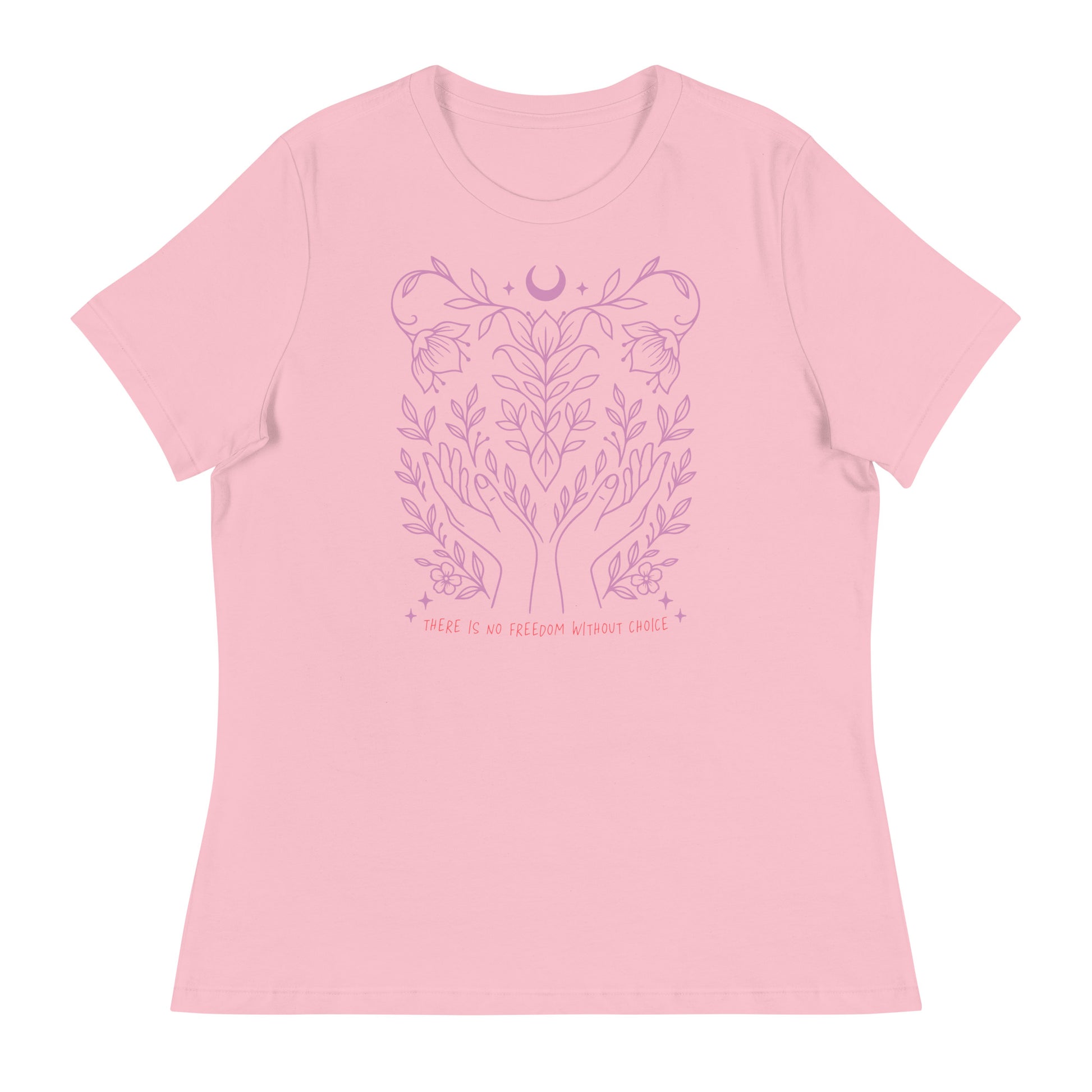 Pink women’s relaxed tee with monochrome pink pro-choice illustration celebrating bodily autonomy and reproductive freedom.
