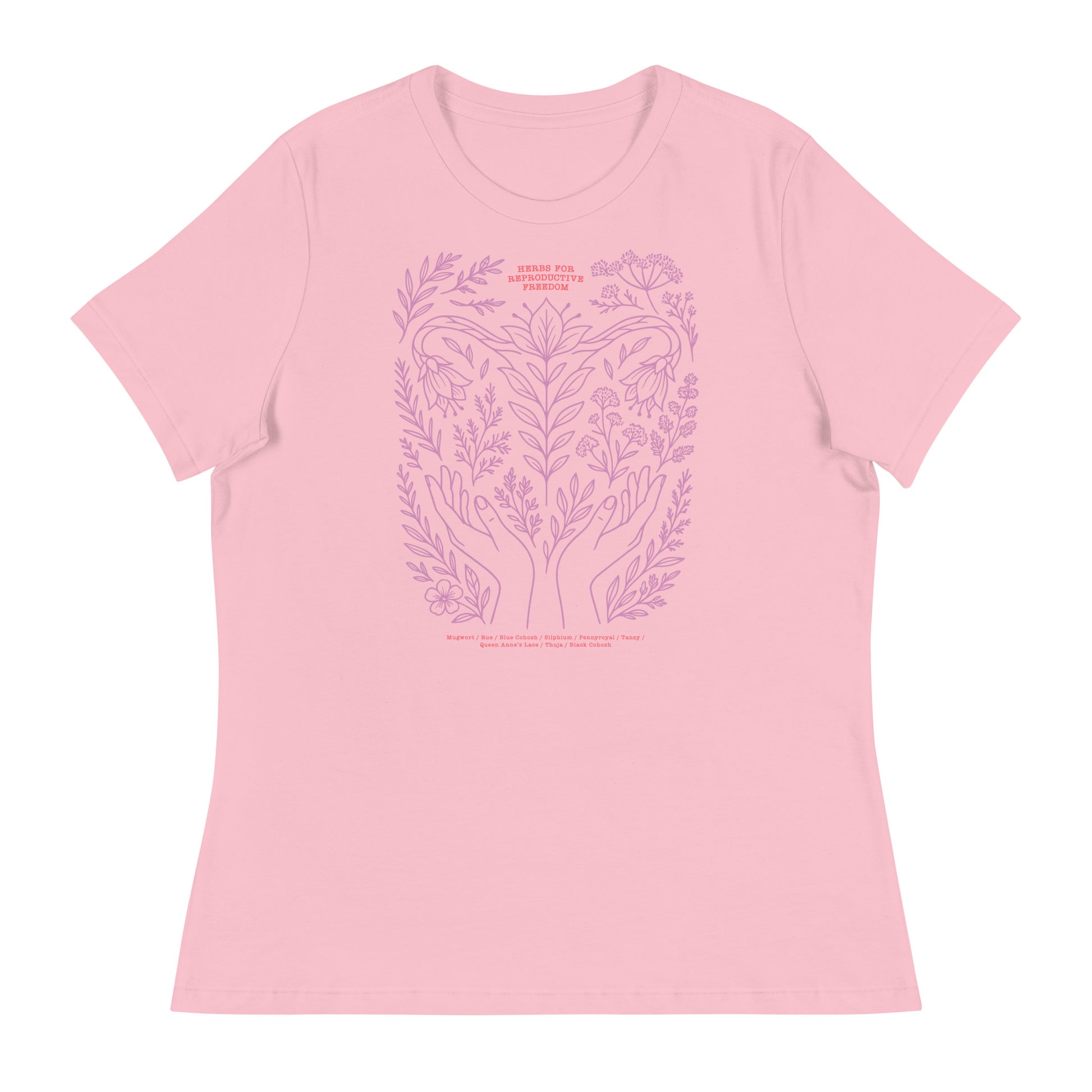 Light pink “Herbs for Reproductive Freedom” t-shirt featuring lavender hands-and-herbs design symbolizing body autonomy and healing.