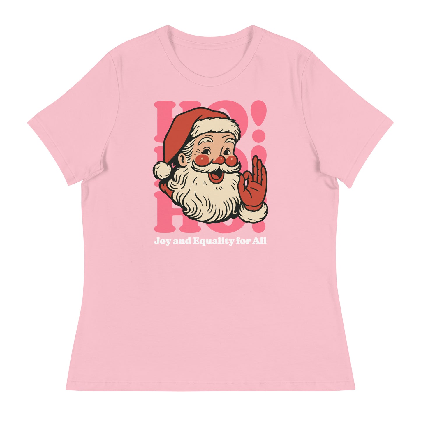 Pastel pink women’s shirt featuring the retro-style Santa and empowering “Joy and Equality for All” holiday message—printed by Blue Wave USA.
