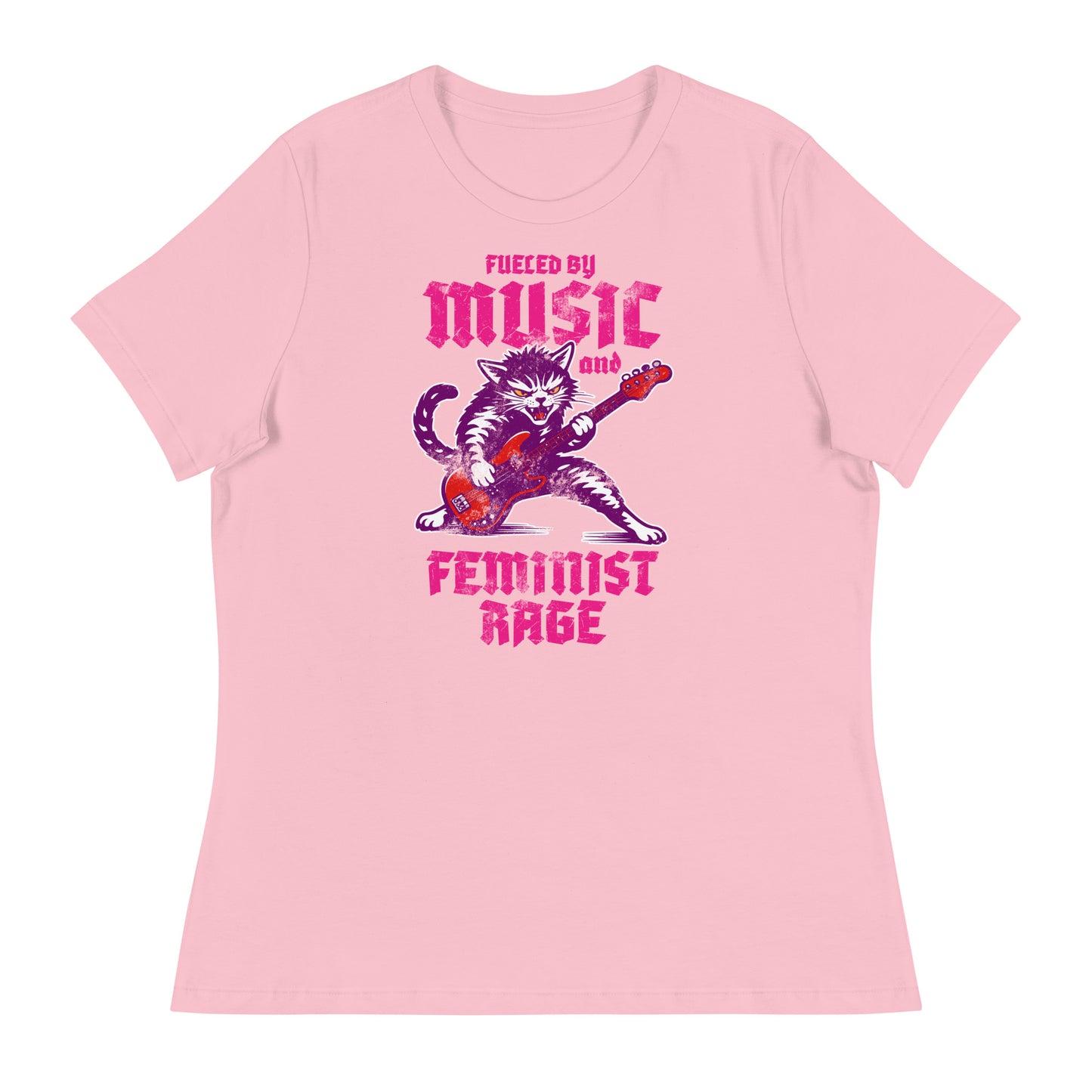 Light pink women’s relaxed t-shirt displayed flat, featuring the punk rock cat illustration and bold gothic lettering reading “FUELED BY MUSIC AND FEMINIST RAGE,” playful feminist graphic from Blue Wave USA.