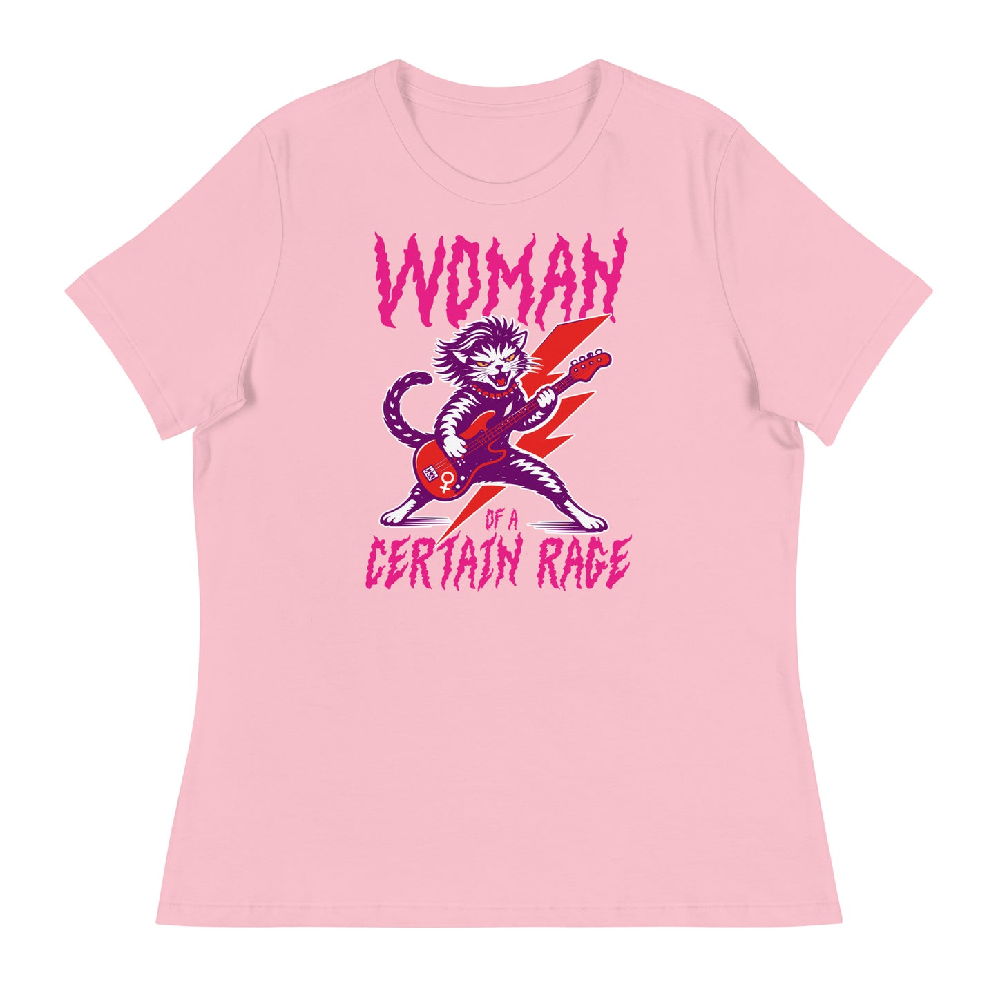 Light pink women’s relaxed t-shirt displayed flat, featuring the punk rock cat guitar illustration and bold distressed lettering reading “WOMAN OF A CERTAIN RAGE,” playful feminist graphic from Blue Wave USA.