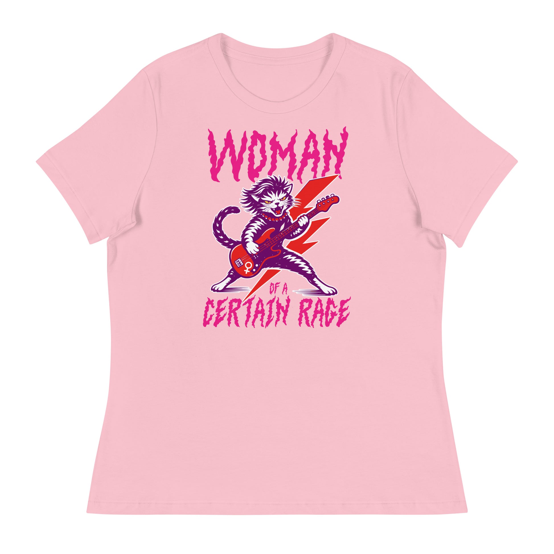Light pink women’s relaxed t-shirt displayed flat, featuring the punk rock cat guitar illustration and bold distressed lettering reading “WOMAN OF A CERTAIN RAGE,” playful feminist graphic from Blue Wave USA.