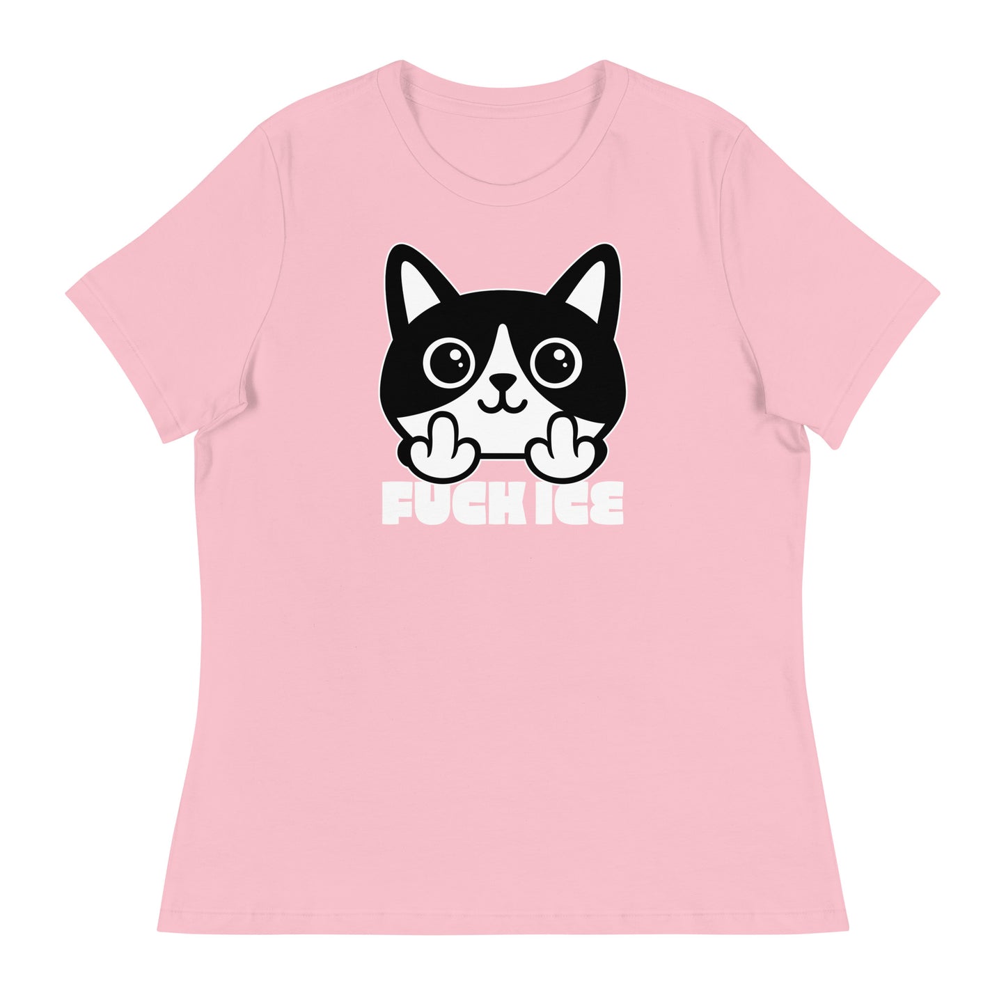 Light pink women’s relaxed t-shirt laid flat featuring bold graphic cat illustration giving the middle finger, clean white line art, centered composition, printed message “FUCK ICE.”