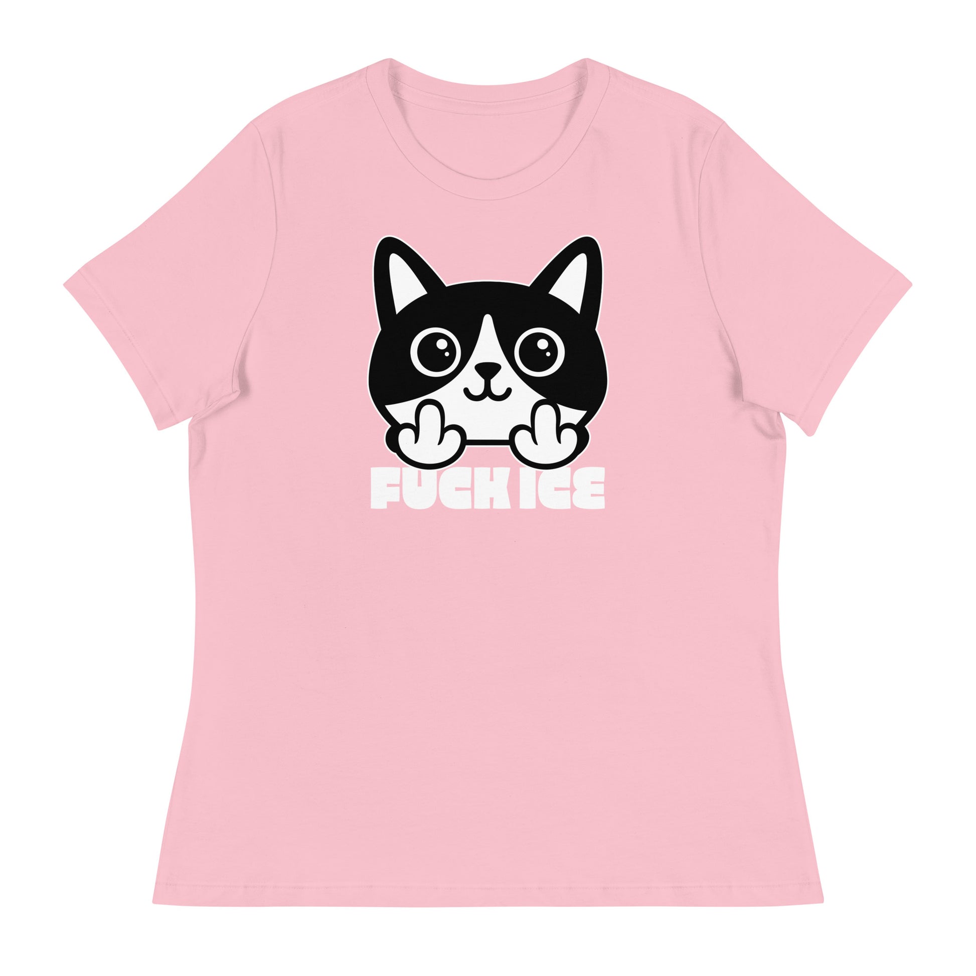 Light pink women’s relaxed t-shirt laid flat featuring bold graphic cat illustration giving the middle finger, clean white line art, centered composition, printed message “FUCK ICE.”