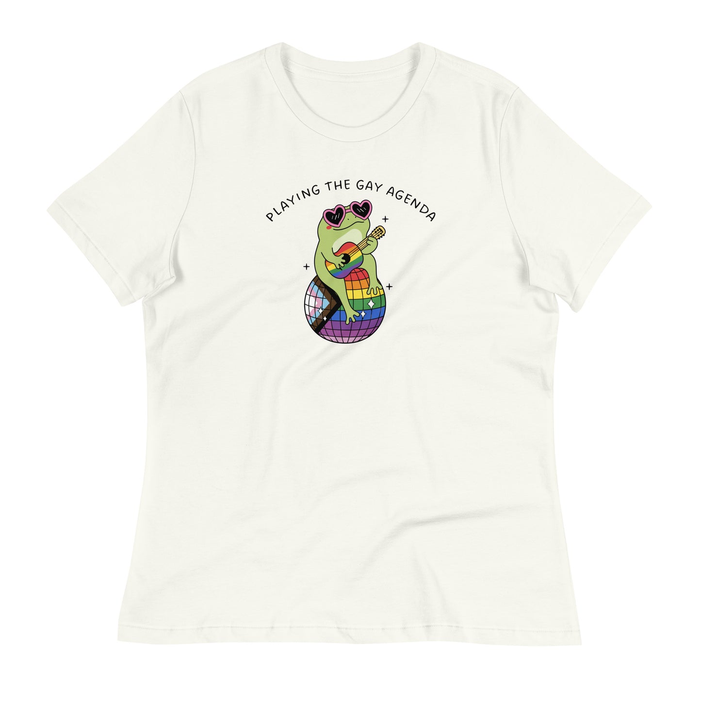 Vintage white women’s relaxed t-shirt displaying a guitar-playing disco frog, rainbow disco ball, and playful “Playing the Gay Agenda” LGBTQ+ pride design.