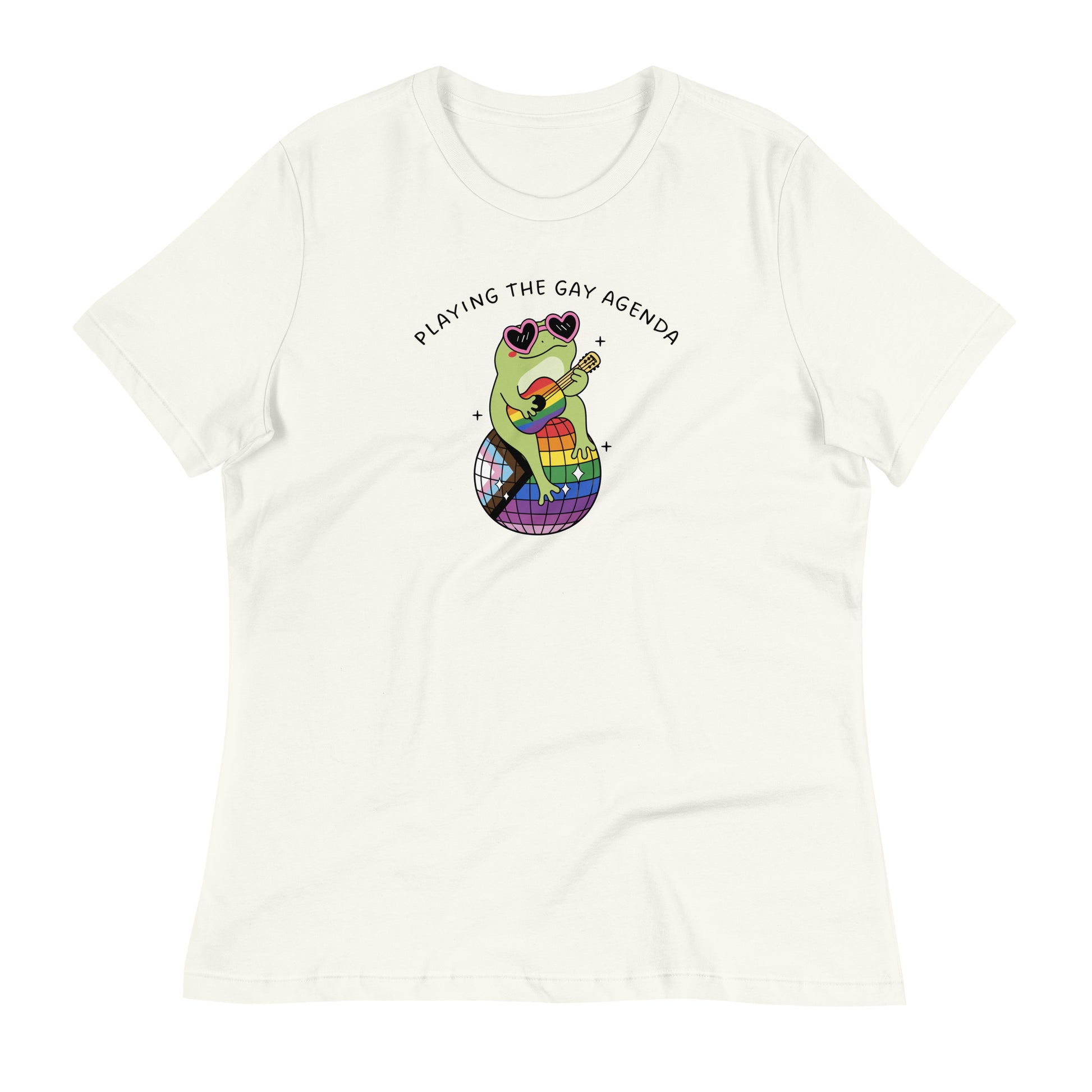 Vintage white women’s relaxed t-shirt displaying a guitar-playing disco frog, rainbow disco ball, and playful “Playing the Gay Agenda” LGBTQ+ pride design.
