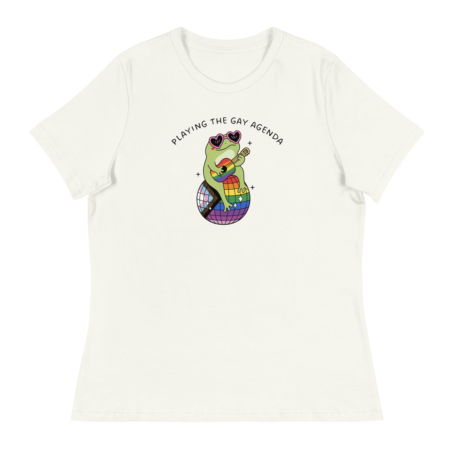 Vintage white women’s t-shirt featuring a fashionable frog in heart-shaped sunglasses playing guitar atop a rainbow disco ball with pride-inspired artwork.