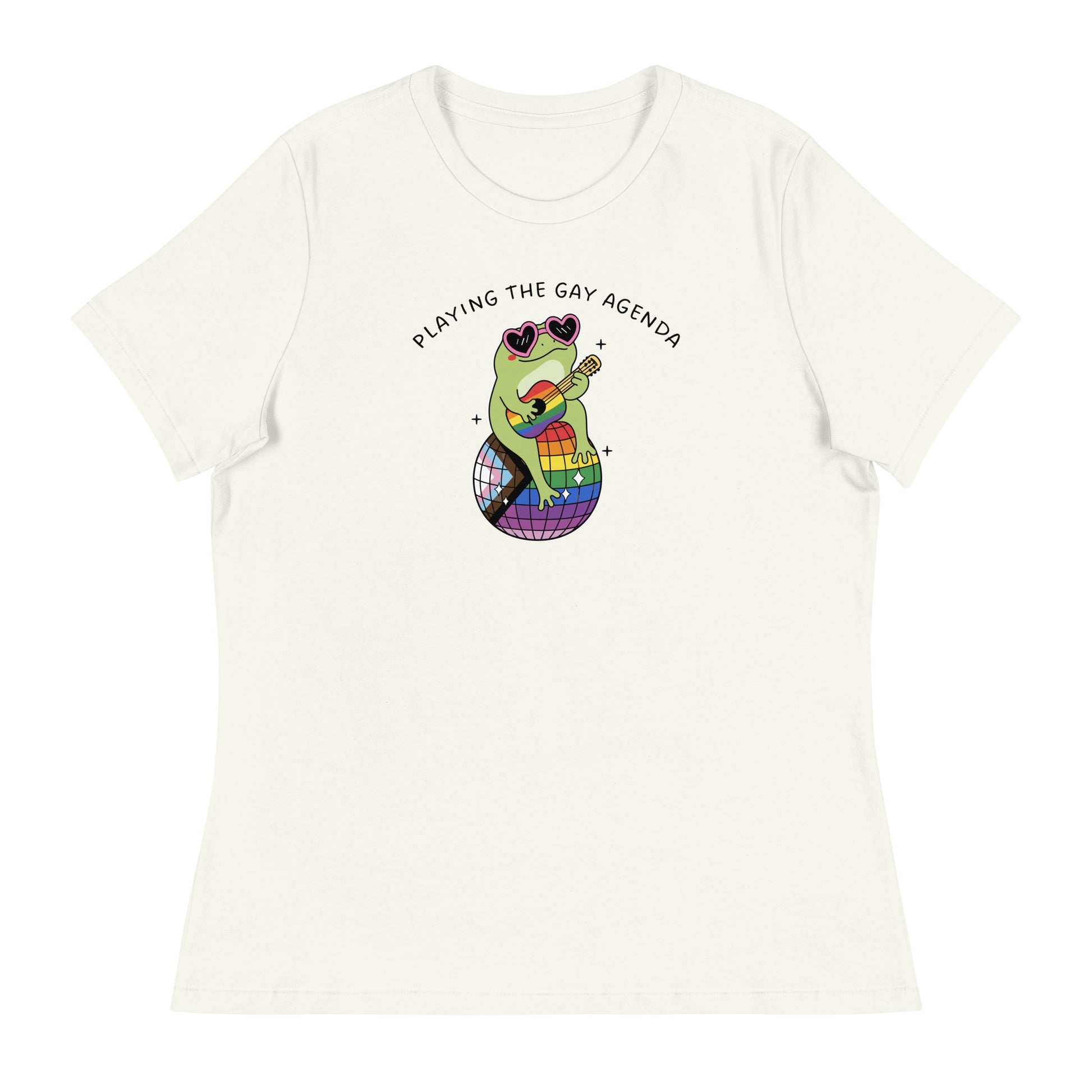Vintage white women’s t-shirt featuring a fashionable frog in heart-shaped sunglasses playing guitar atop a rainbow disco ball with pride-inspired artwork.