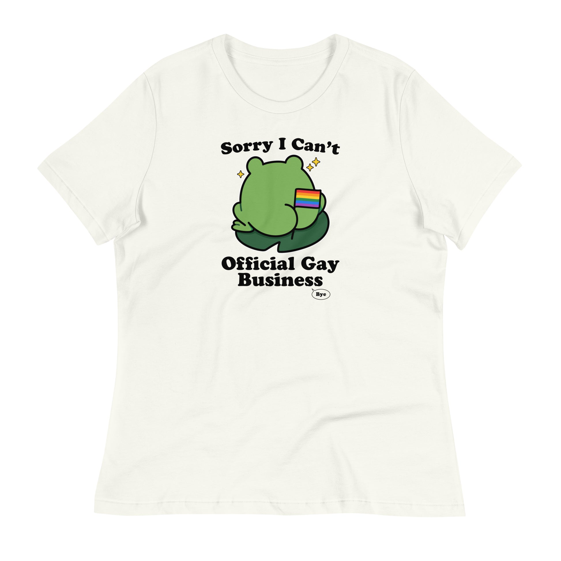 Vintage white women’s t-shirt featuring a frog with rainbow flag detail and “Official Gay Business” message inspired by LGBTQ+ pride, visibility, and community.
