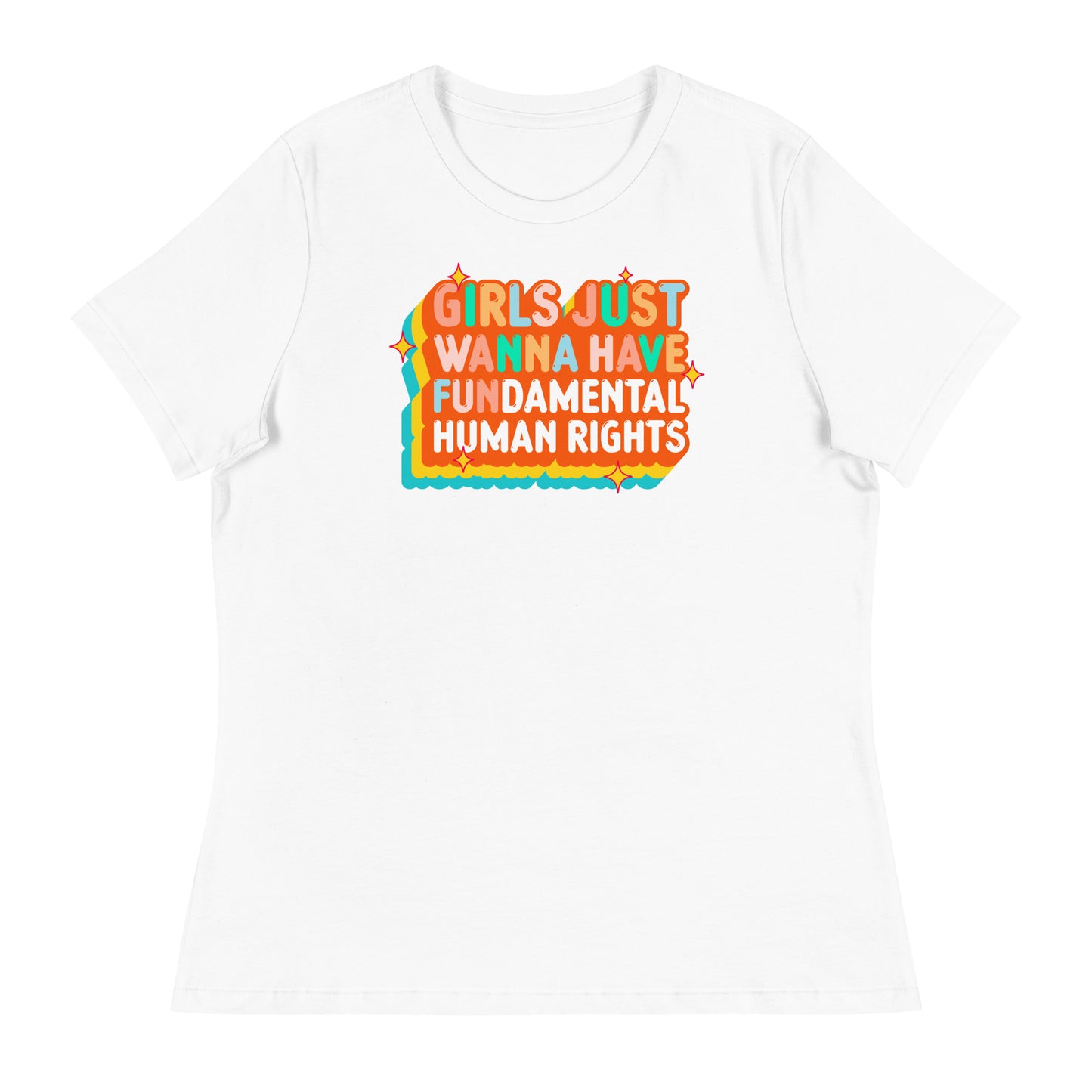 White women’s relaxed t-shirt with layered orange and teal sunset lettering. Clean, classic feminist style with a nostalgic twist.