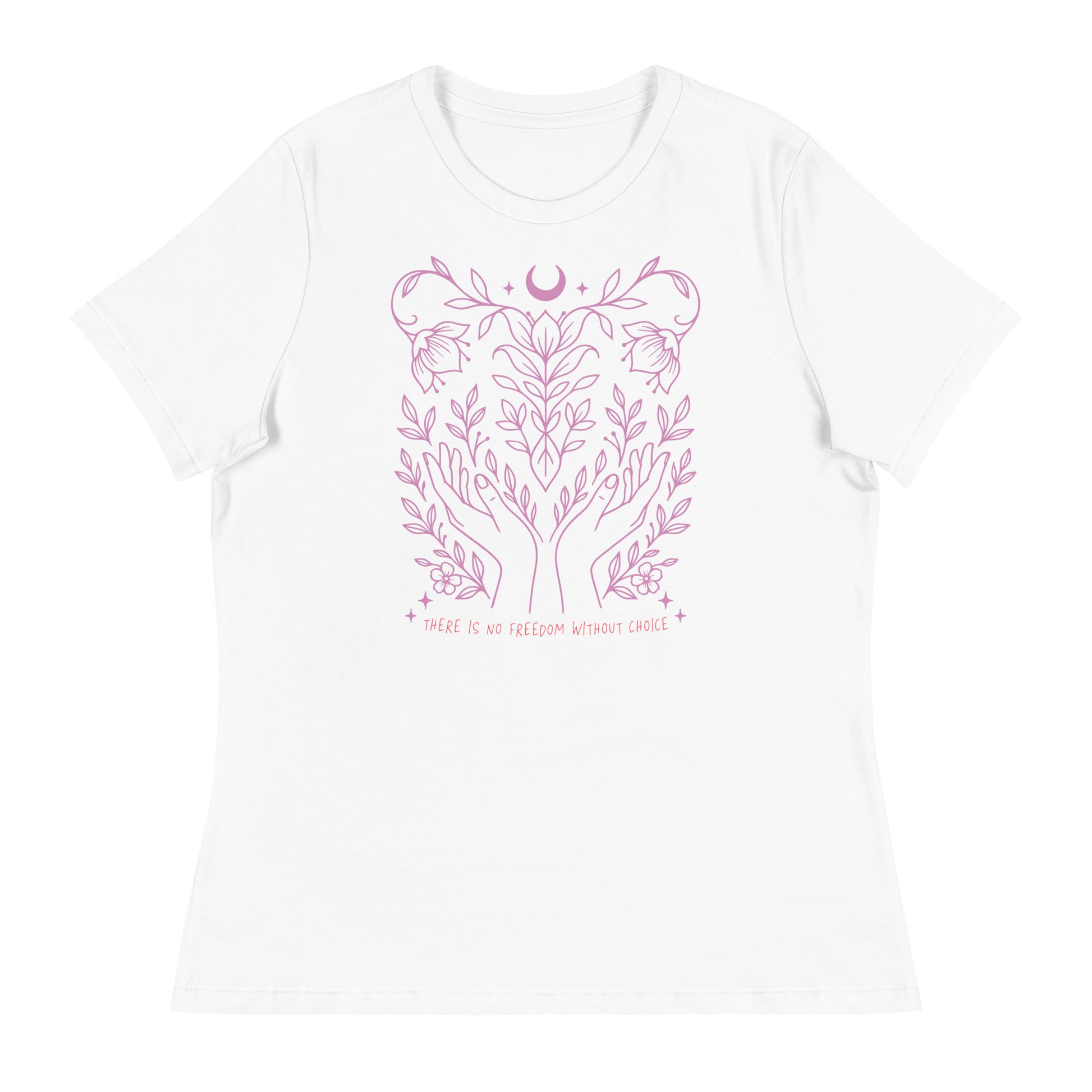 White relaxed-fit t-shirt featuring pink celestial and botanical design with “There Is No Freedom Without Choice.” Thoughtful, progressive piece by Blue Wave USA.