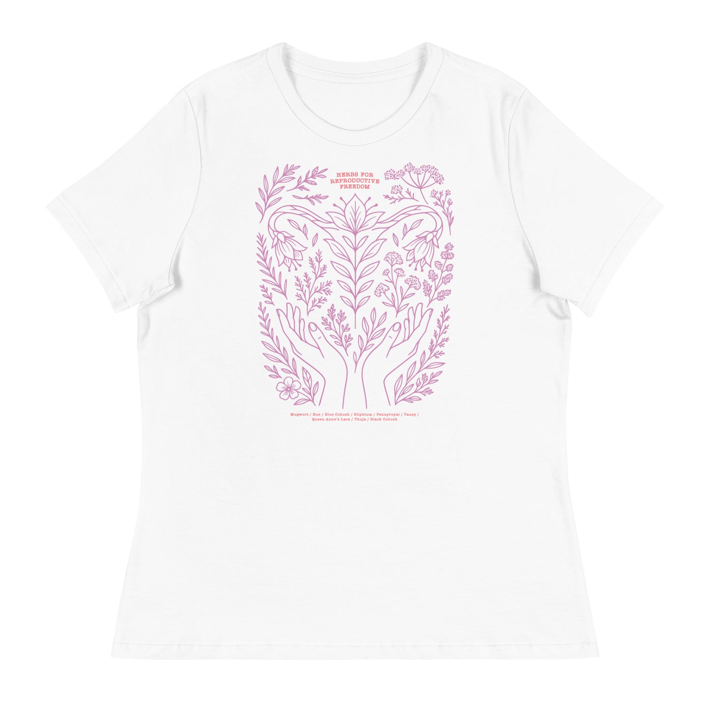White women’s relaxed t-shirt with lavender floral illustration and crescent moon artwork. A soft, statement piece for reproductive justice by Blue Wave USA.