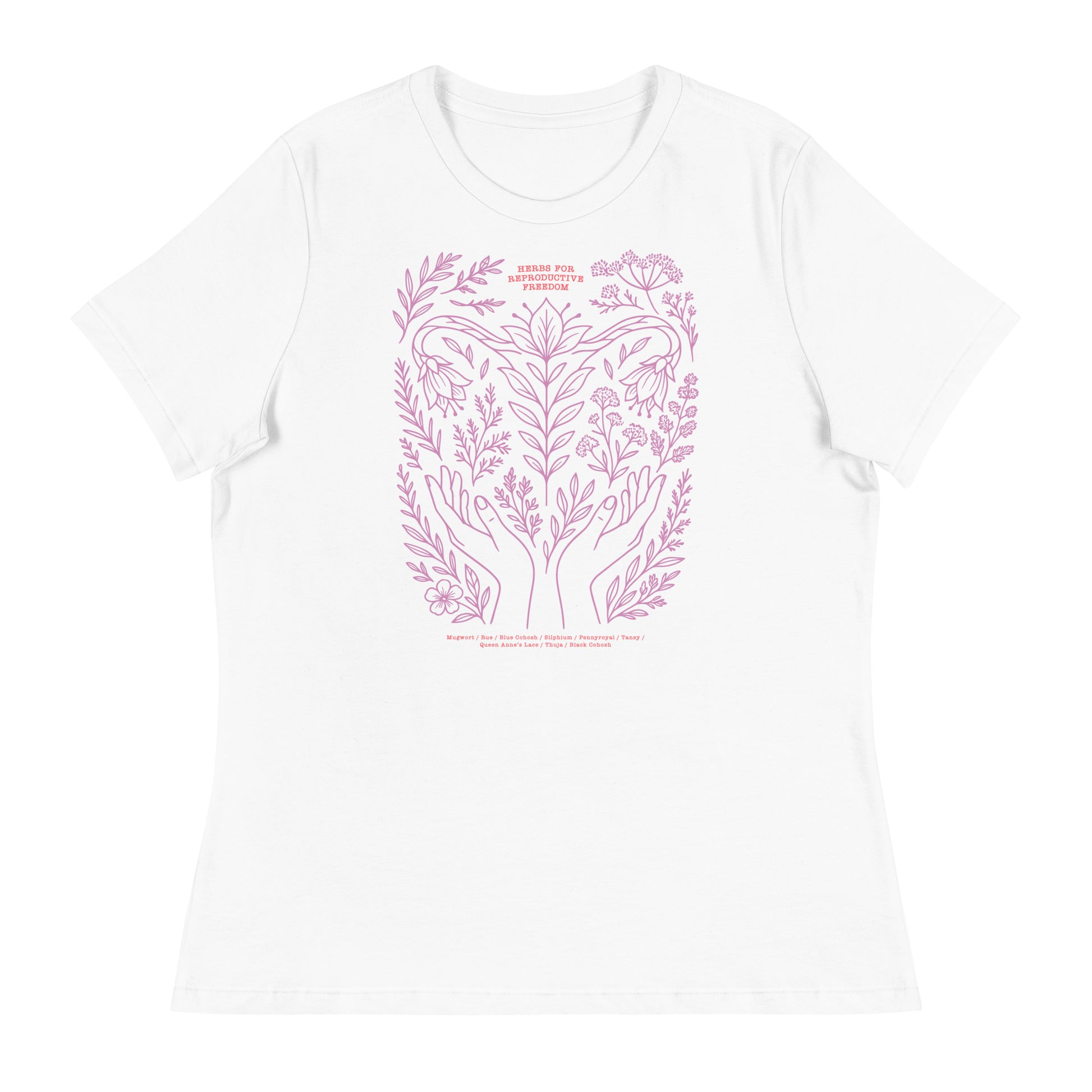 White women’s relaxed t-shirt with lavender floral illustration and crescent moon artwork. A soft, statement piece for reproductive justice by Blue Wave USA.