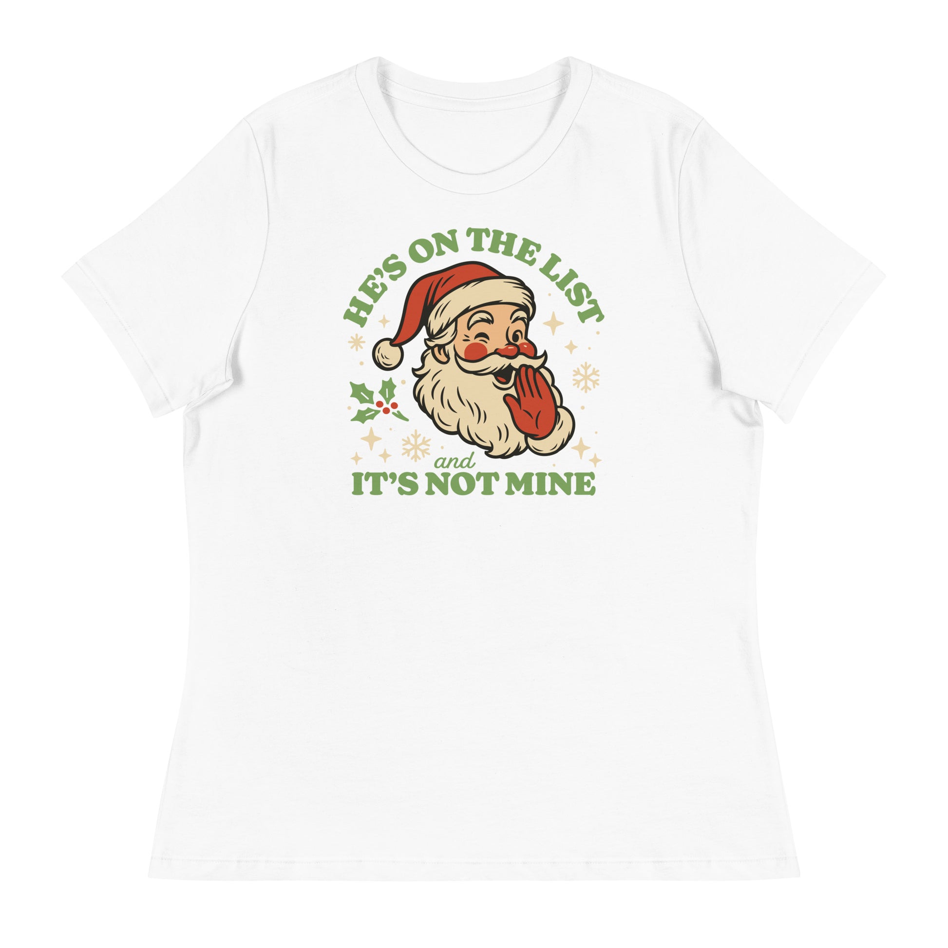 White women's tee displaying the full retro Santa design with soft pastel tones and snowflakes for a bright holiday style.