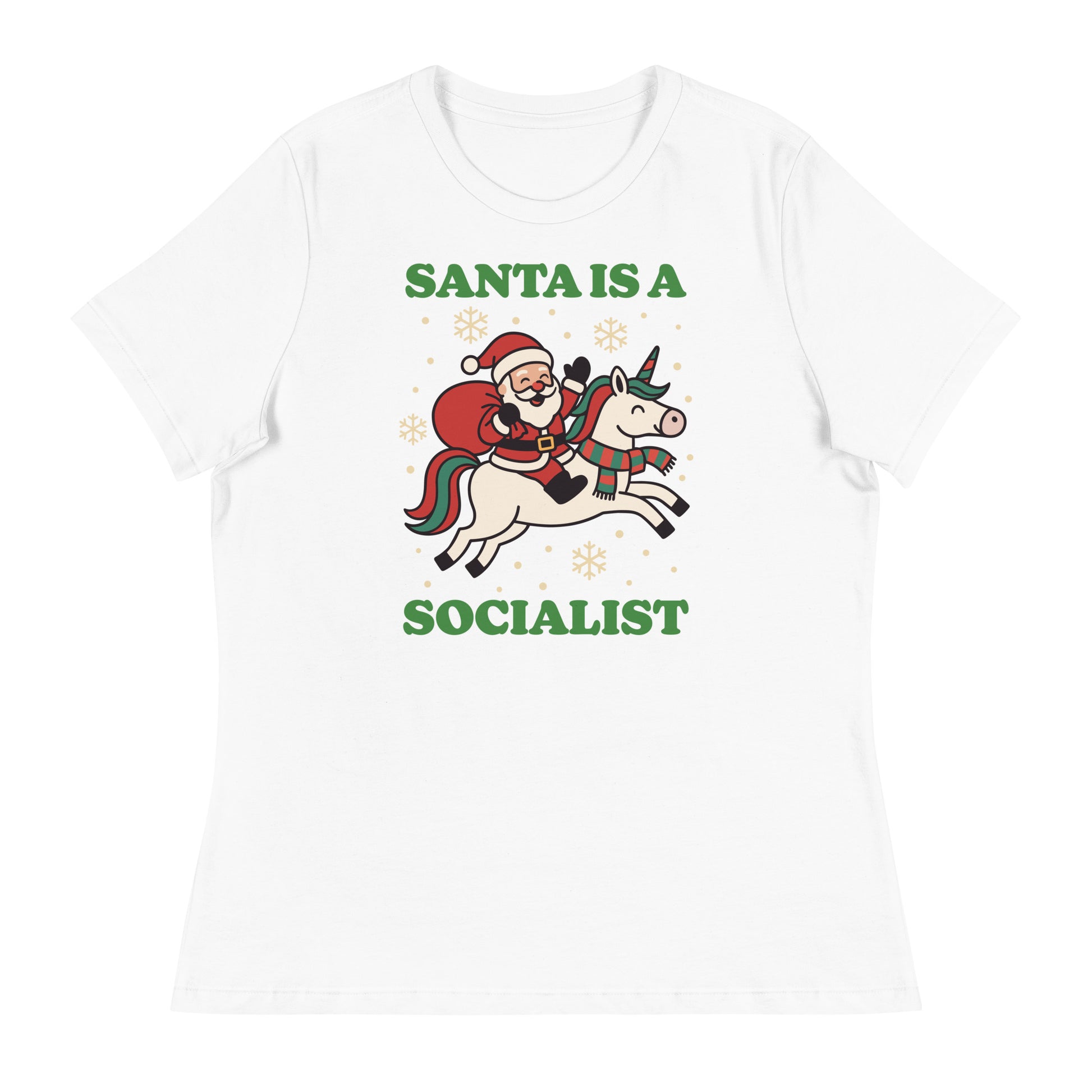 White women’s relaxed t-shirt featuring a retro Santa riding a unicorn, surrounded by stars, and the printed message “SANTA IS A SOCIALIST” in green type.