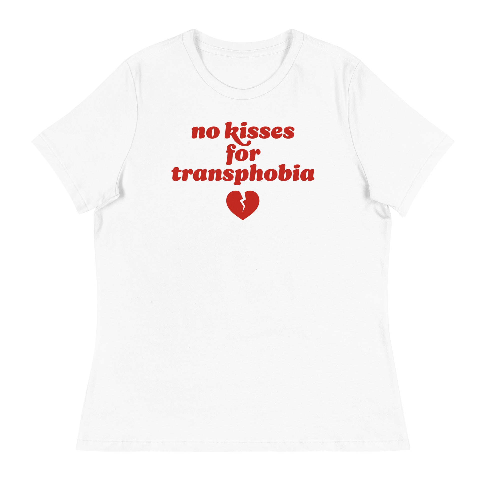 Women’s relaxed t-shirt in white displaying “no kisses for transphobia” in retro lettering with heart graphic, a justice-focused Valentine design from Blue Wave USA.