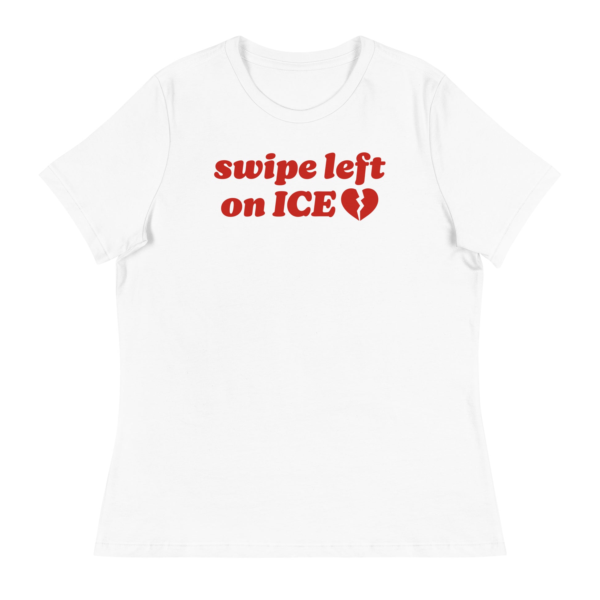Women’s relaxed t-shirt in white displaying “swipe left on ICE” in retro lettering with heart symbol, a justice-focused Valentine message from Blue Wave USA.
