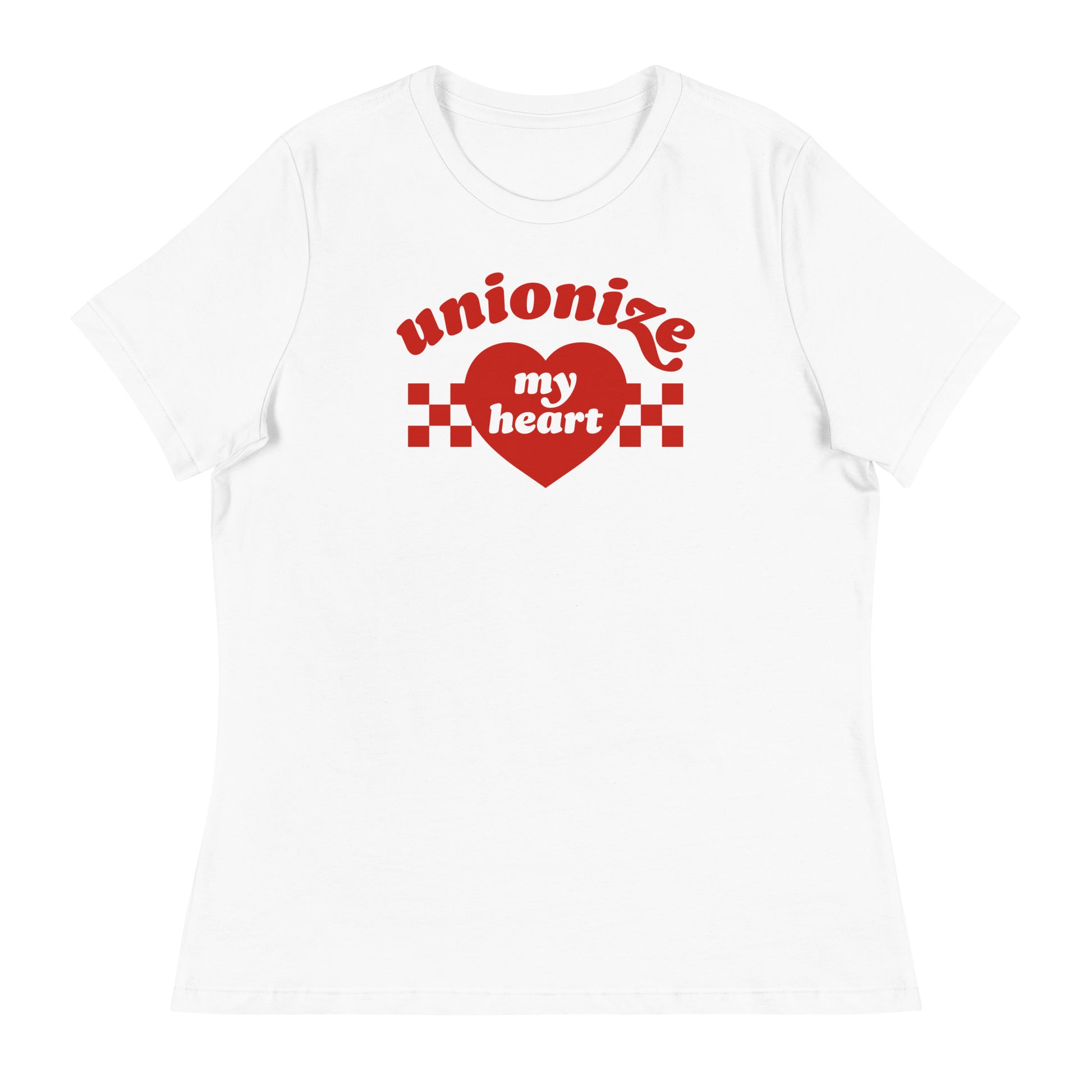 Women’s relaxed t-shirt mockup in white showing “unionize my heart” design with bold heart graphic, romantic labor message and progressive apparel style from Blue Wave USA.