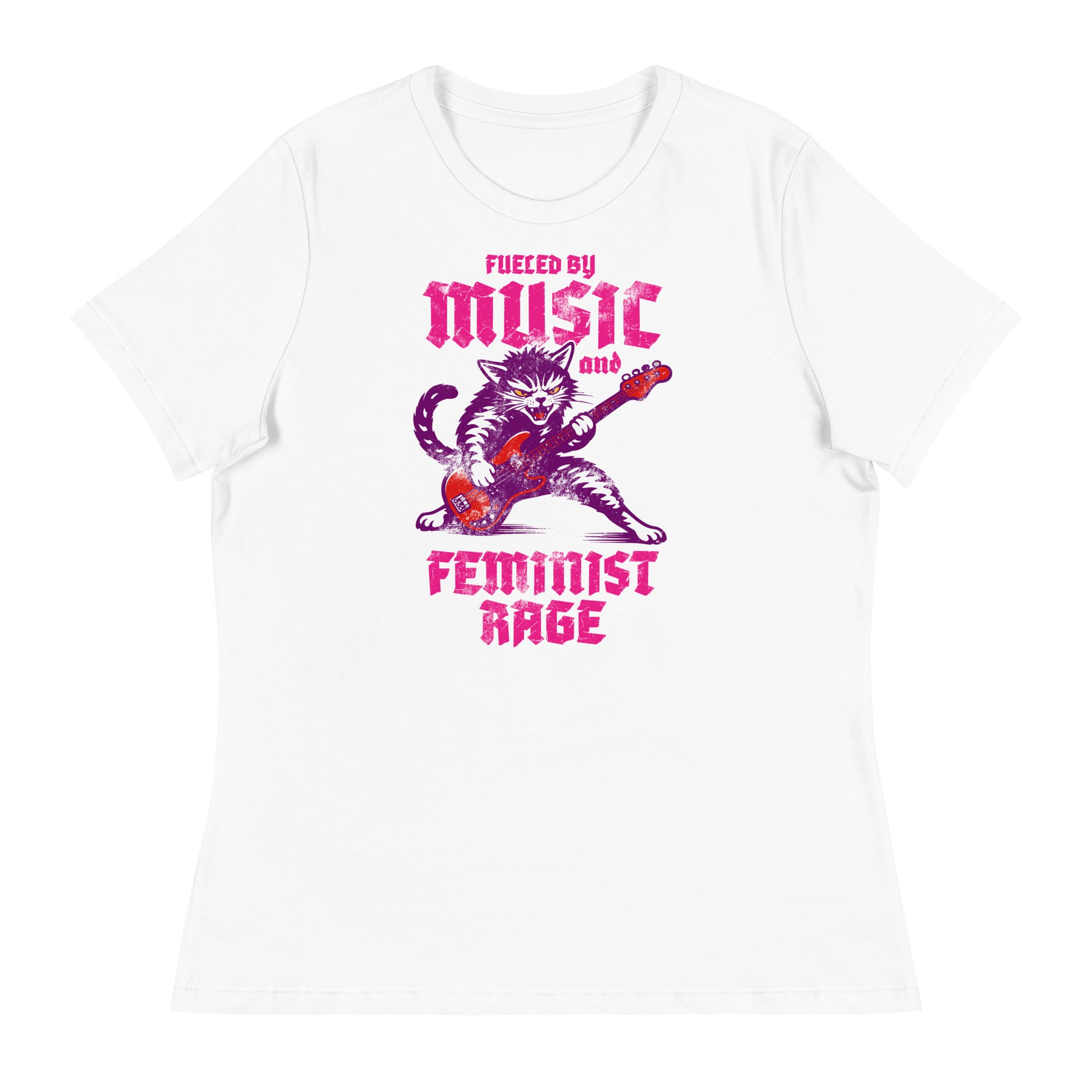White women’s relaxed t-shirt shown flat, showcasing the punk rock cat guitar illustration and the phrase “FUELED BY MUSIC AND FEMINIST RAGE,” high-contrast graphic on white fabric.