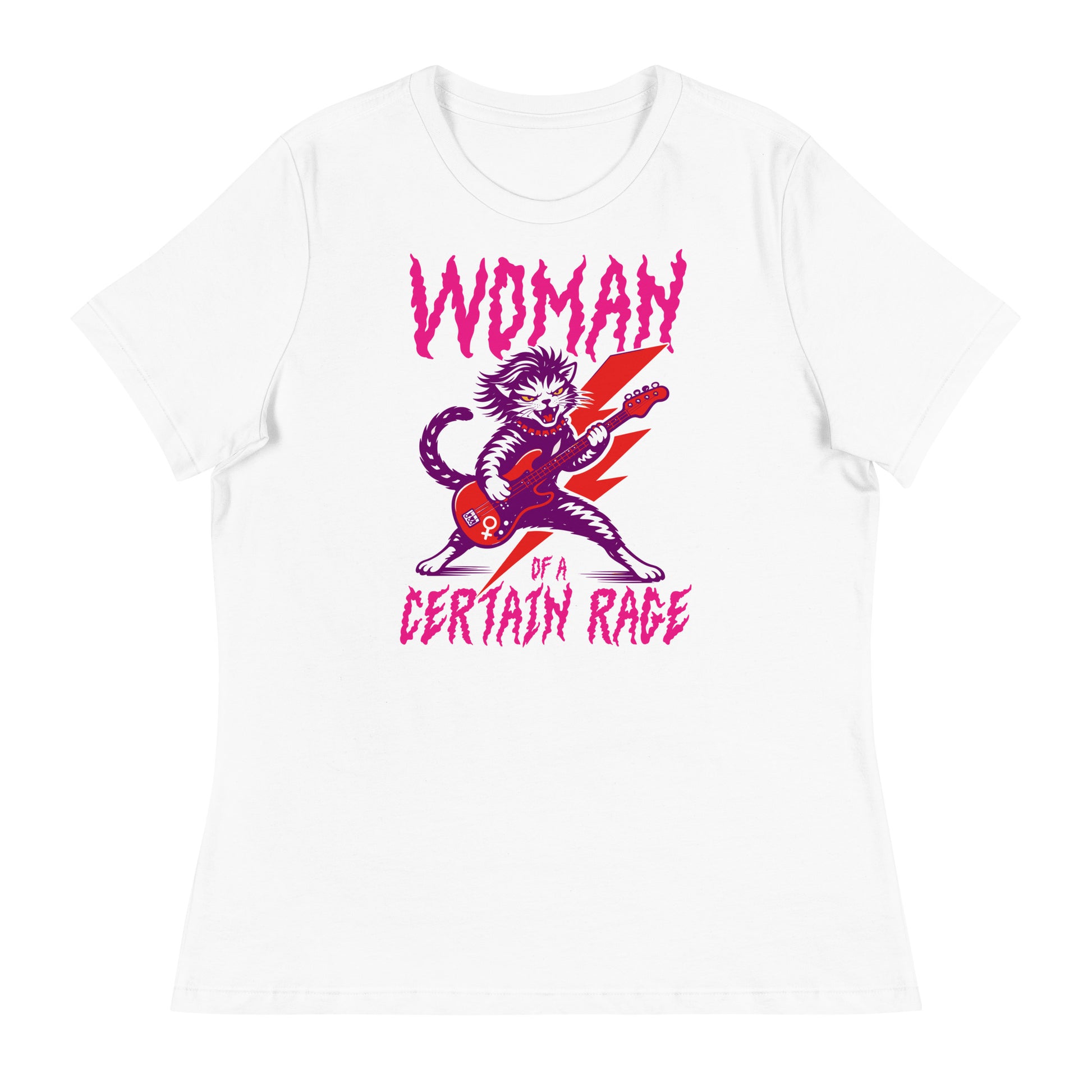 White women’s relaxed t-shirt shown flat, showcasing the feminist punk rock cat electric guitar illustration with distressed text reading “WOMAN OF A CERTAIN RAGE,” high-contrast print.