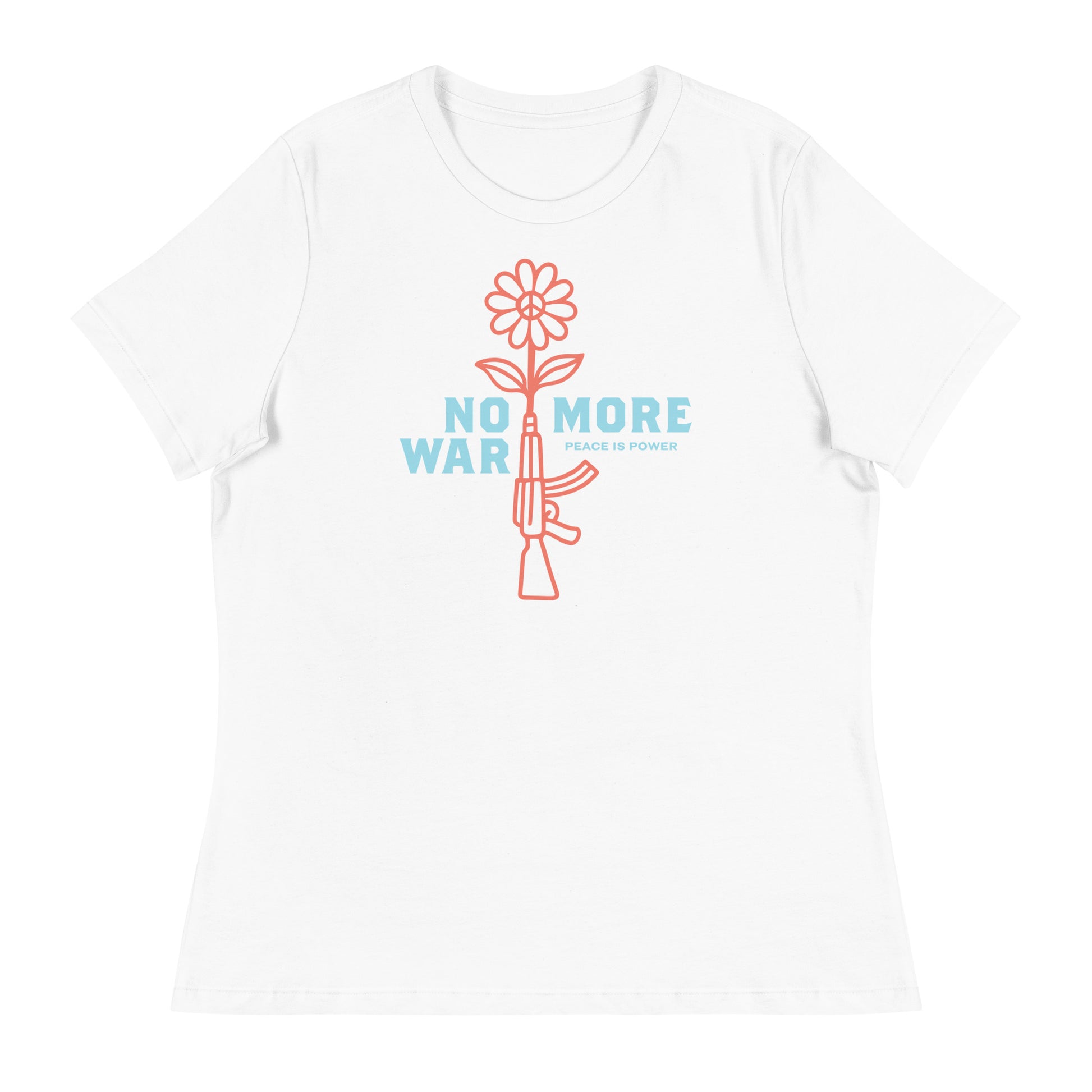 White women’s relaxed t-shirt showcasing coral line-art rifle blooming into flower with “NO MORE WAR” slogan across chest.
