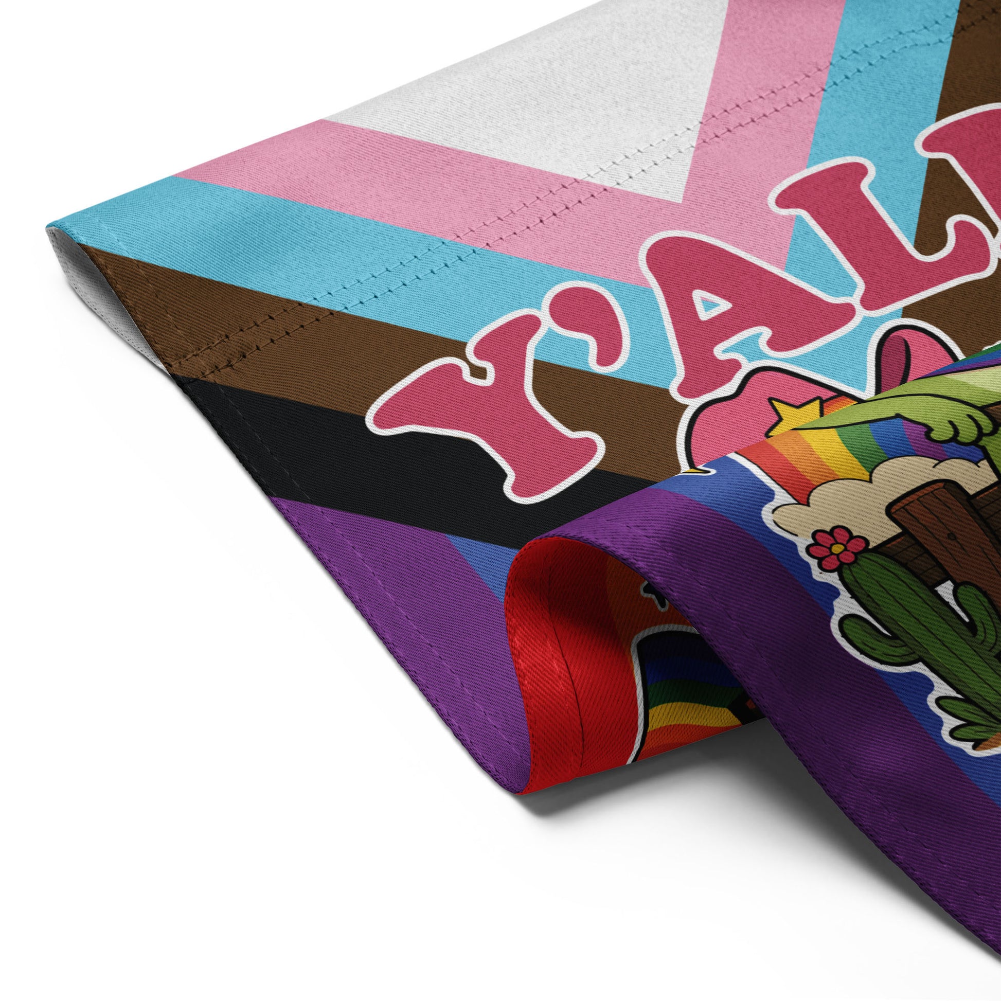 Close-up of garden flag fabric featuring rainbow cowboy frog artwork, colorful pride-themed background, and western-inspired “Y’All Means All” design.