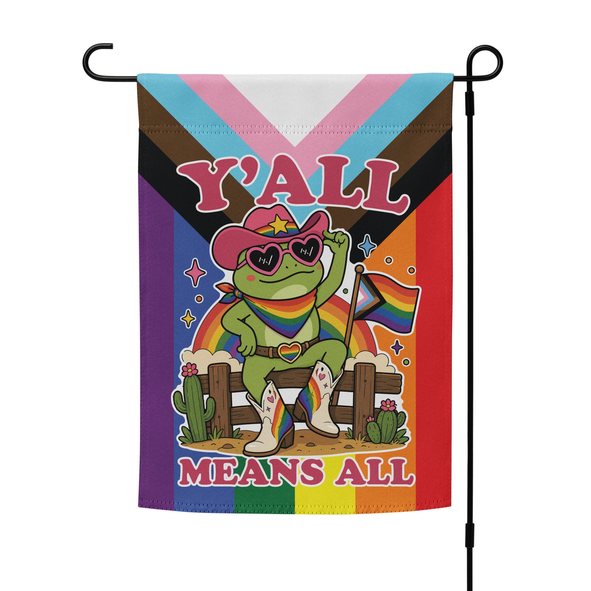 Vertical garden flag featuring colorful cowboy frog artwork, western-inspired details, and bold “Y’All Means All” message promoting LGBTQ+ pride and belonging.